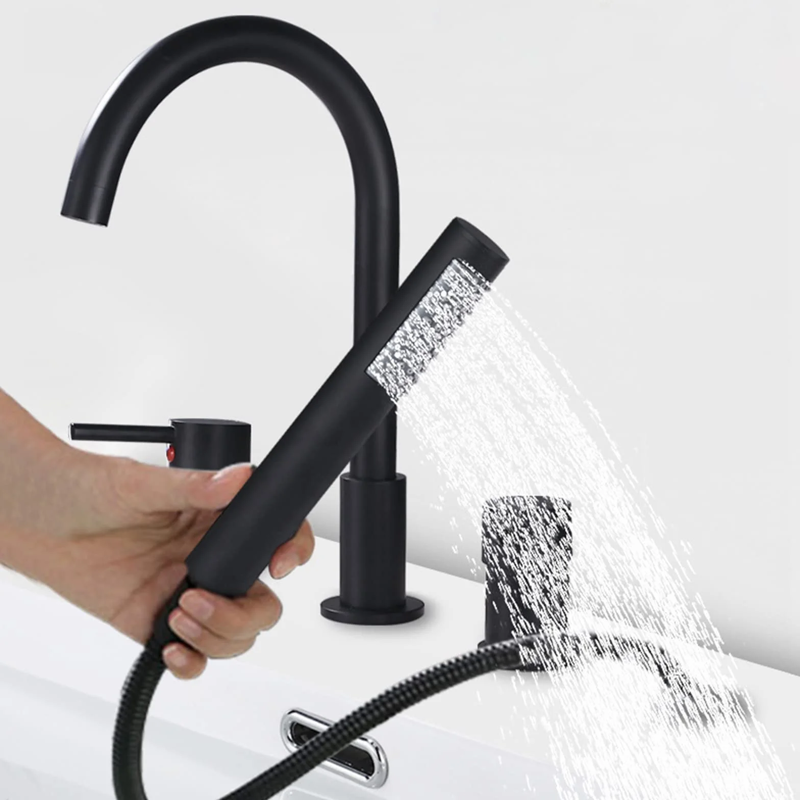 Mischbatterie für Badewanne und Dusche, 4 Wasserhahnlöcher, für heiße und kalte Wasserhähne, ausziehbar, für Badezimmer, modernes Design, Schwarz und Chrom