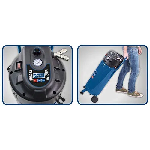 Scheppach Kompressor HC51V (1500W, 50 L, 10 bar, Ansaugleistung 220 l/min, Druckminderer, ölfrei, stehende platzsparende Bauweise) - inkl. 13-teiligem Druckluft-Werkzeug-Set + 15 m Gewebeschlauch