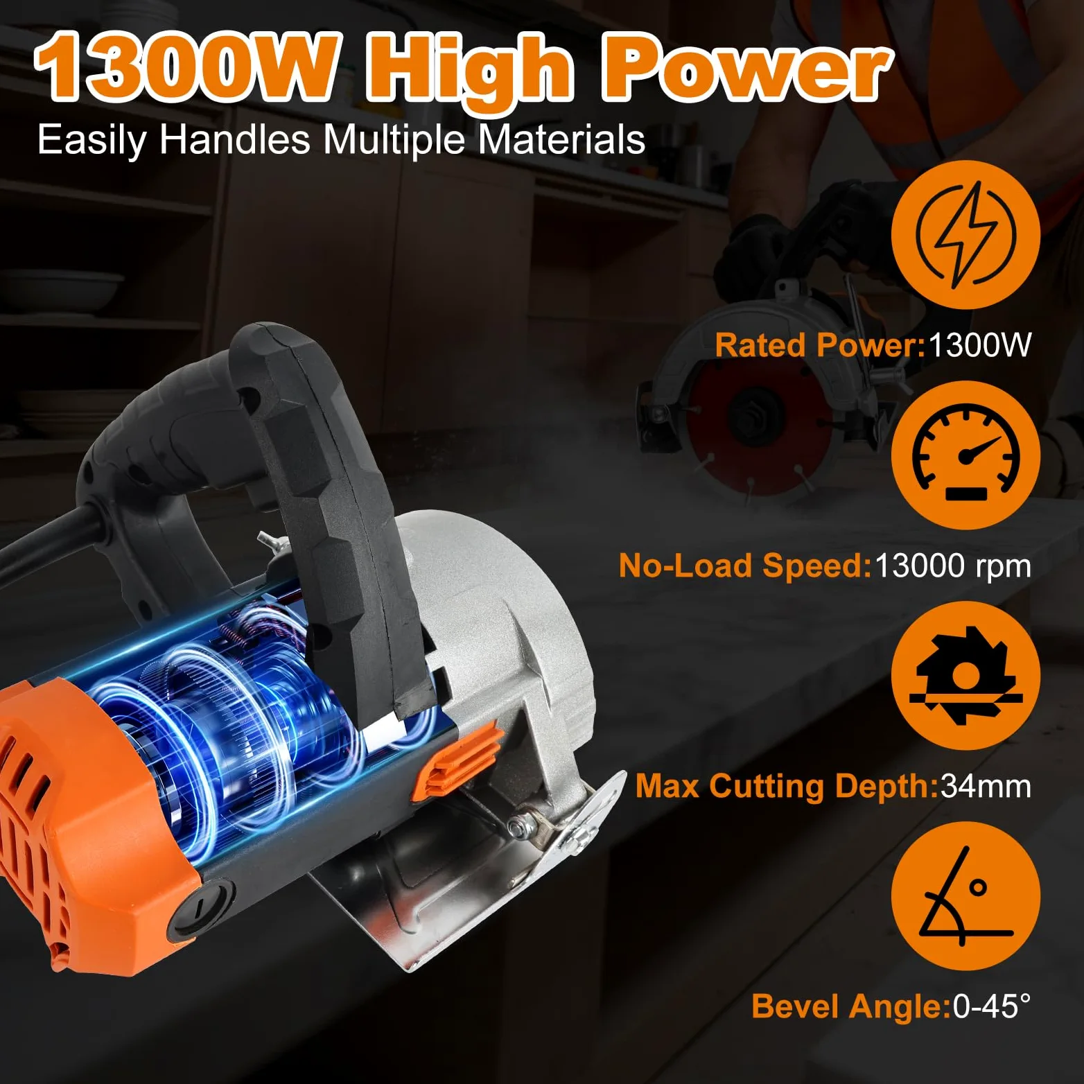 Fliesenschneider Elektrisch 1300W, 0-45° Grad, Nass-/Trocken Fliesensäge, Schnitttiefe Verstellbar, mit 2 Sägeblätter