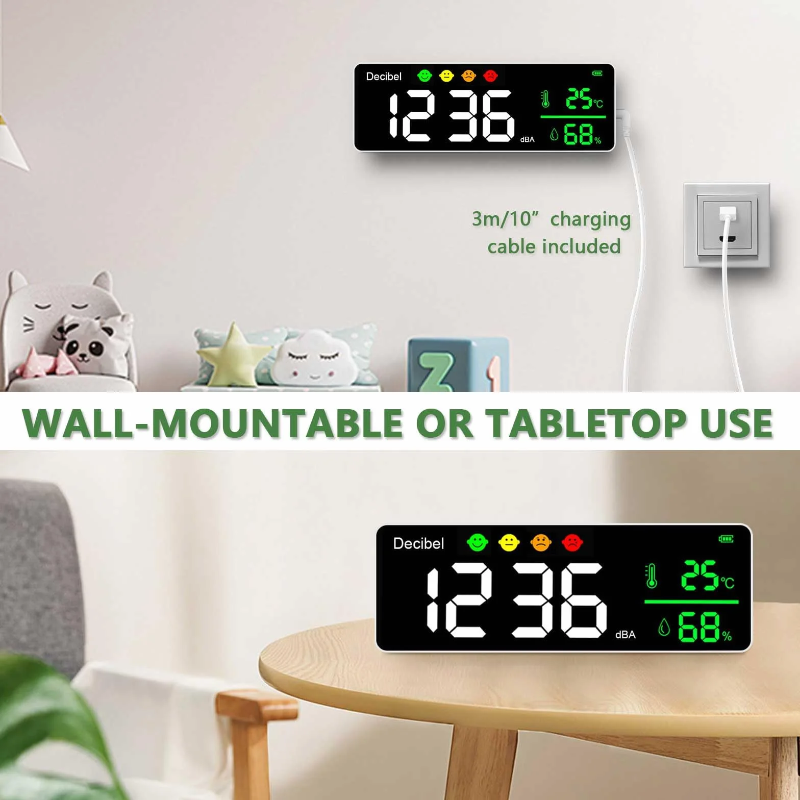 Digital Schallpegelmessgerät 30-130dB Dezibel Messgerät, Lärm/Temperatur/Hygrometer mit 11" Große LED Bildschirm, Wandbehang Rauschmessung Tester Sound Level Meter für Klassenzimmer, Büro, Fabrik