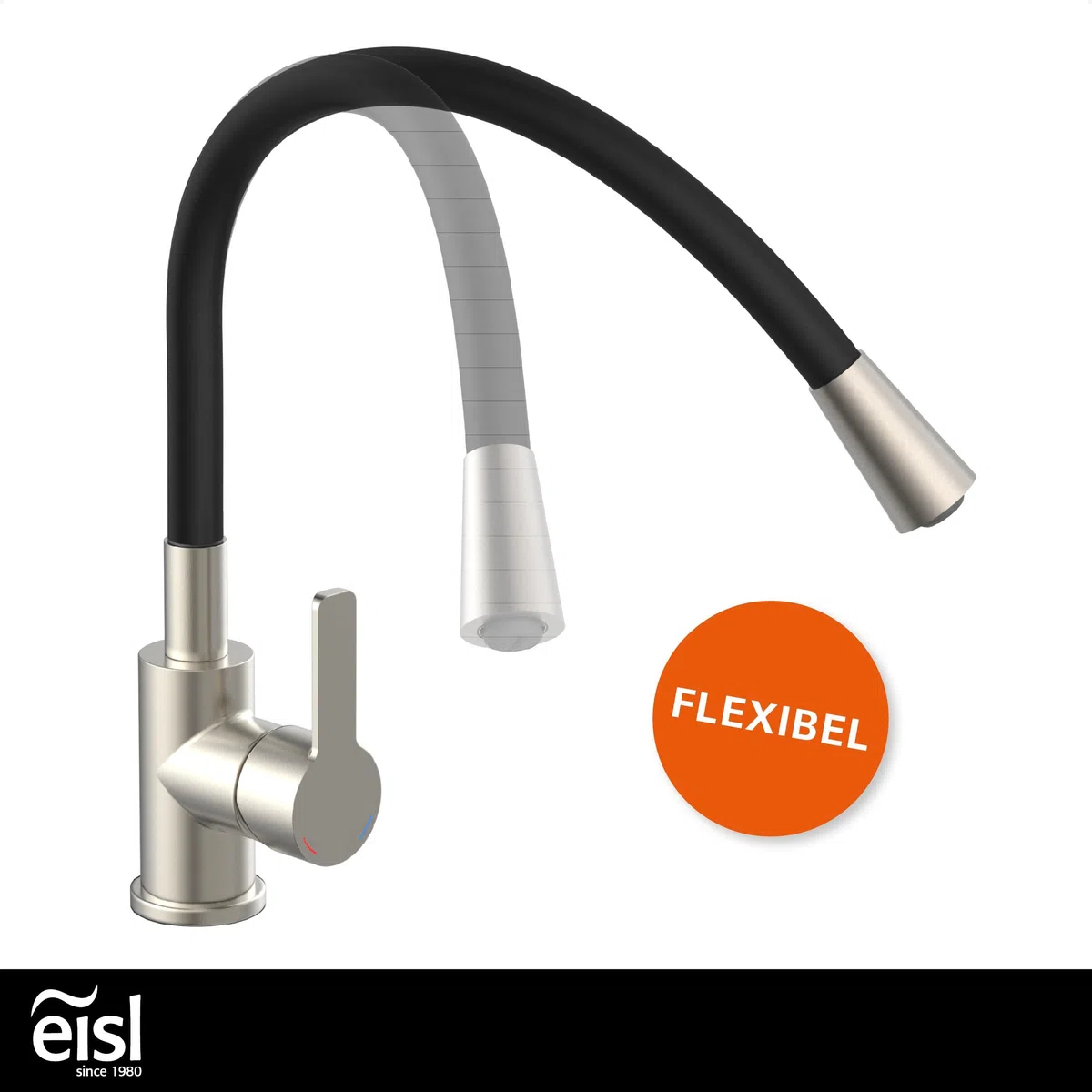 EISL Flexo Edelstahl/Schwarz Flexible Spültischarmatur, biegsamer Wasserhahn für die Küche, hoher Auslauf mit Soft-Touch-Schlauch, 360 Grad schwenkbar, Wasserhahn Küche flexibel, NI186FLNIB
