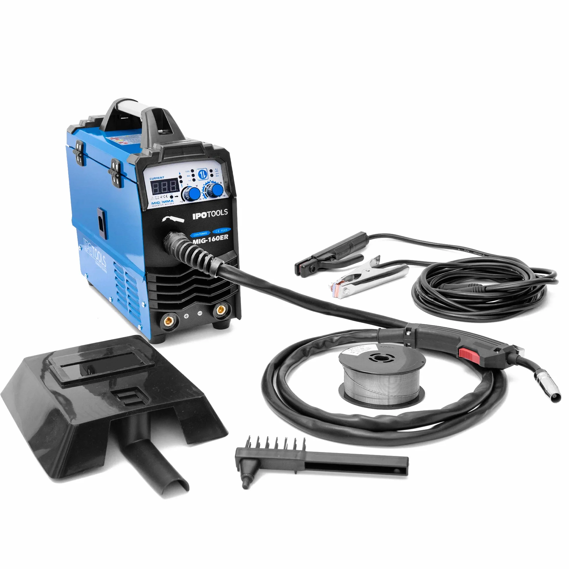 IPOTOOLS MIG-160ER Inverter Schweißgerät MIG MAG - Schutzgas Schweissgerät mit 160 Ampere auch FLUX/Fülldraht und Elektroden geeignet/E-Hand/Digitalanzeige/IGBT / 230V / 7 Jahre Garantie