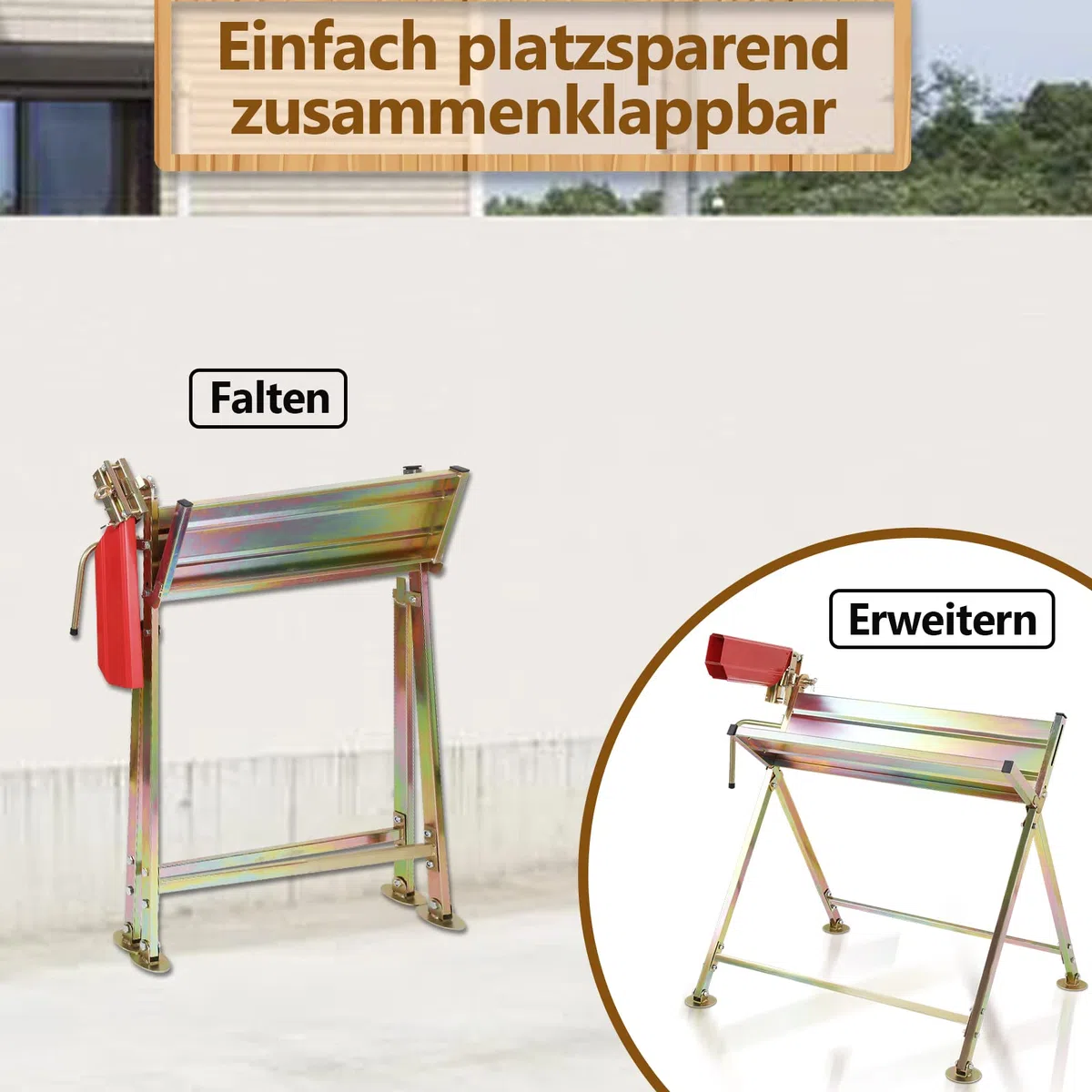 Herrselsam Sägebock mit Kettensägenhalterung, Kettenschutz, Messstab, bis 150 kg, 81x72x78,5 cm, Sägeständer klappbar Geeignet für Sägewerke, Werkstätten