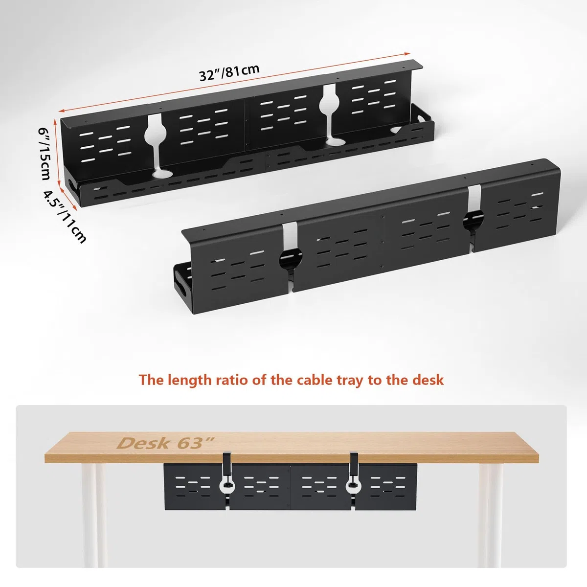 Univivi Unter dem Kabelmanagement Schreibtisch, 81cm Kabelkanal Schreibtisch aus Stahl, Befestigung Ohne Bohren mit Klemme/Schrauben, Flexible Organizer Schreibtisch für Büro und Zuhause (Schwarz)