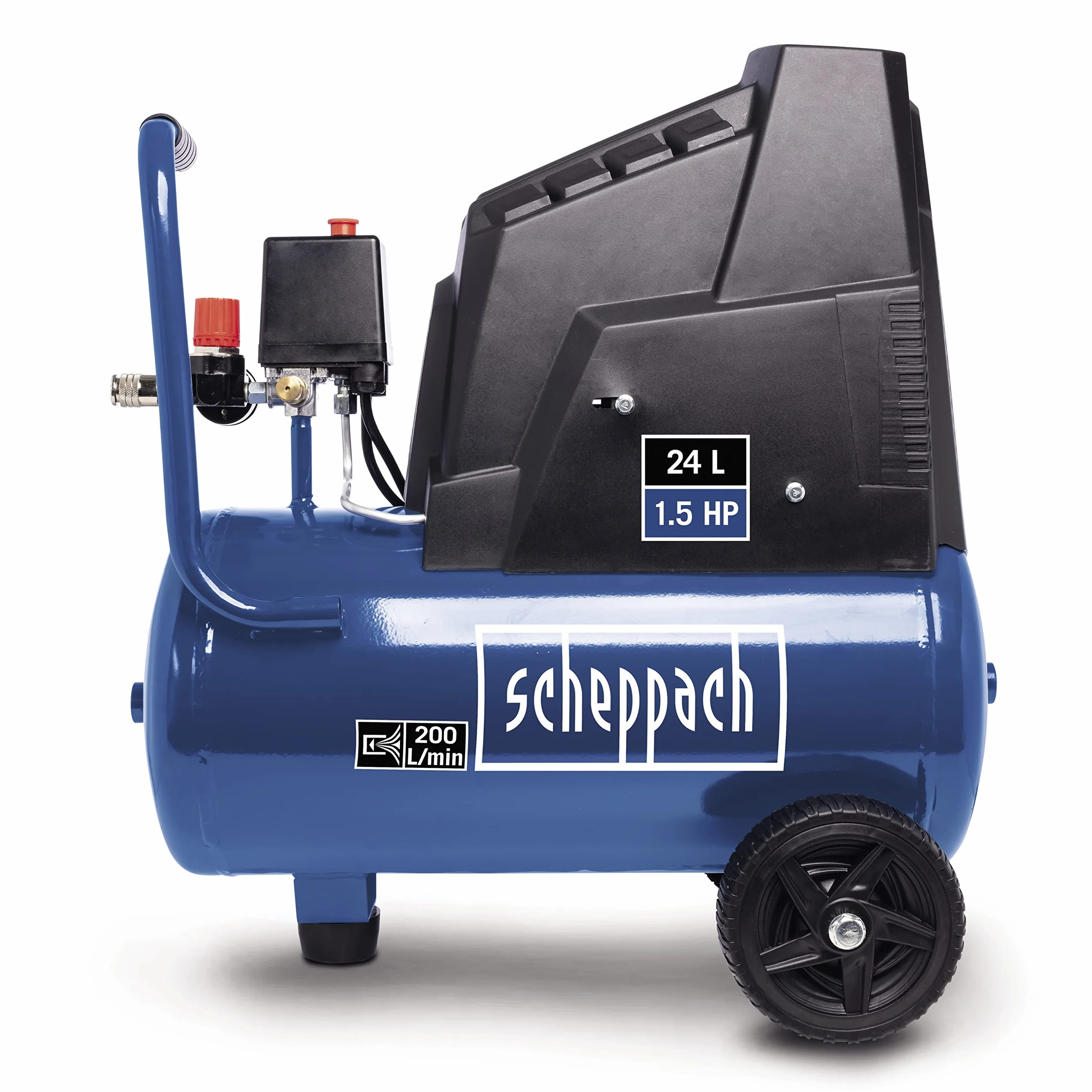 Scheppach Kompressor HC25o (1100W, 24 L,8 bar, Ansaugleistung 165 l/min, Druckminderer, ölfrei) - inkl. 13-teiligem Druckluft Werkzeug Set + 5 m Spiralschlauch