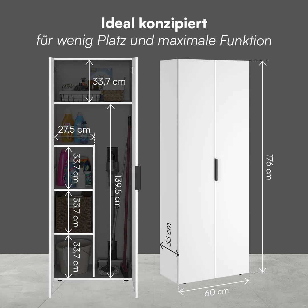 Bellamio Lurio Mehrzweckschrank – weißer Besenschrank aus Holz mit schwarzem Griff – Flurschrank mit 5 Fächern inkl. Staubsaugerfach – Haushaltsschrank – Vorratsschrank – Putzschrank 176 x 33 x 60  cm