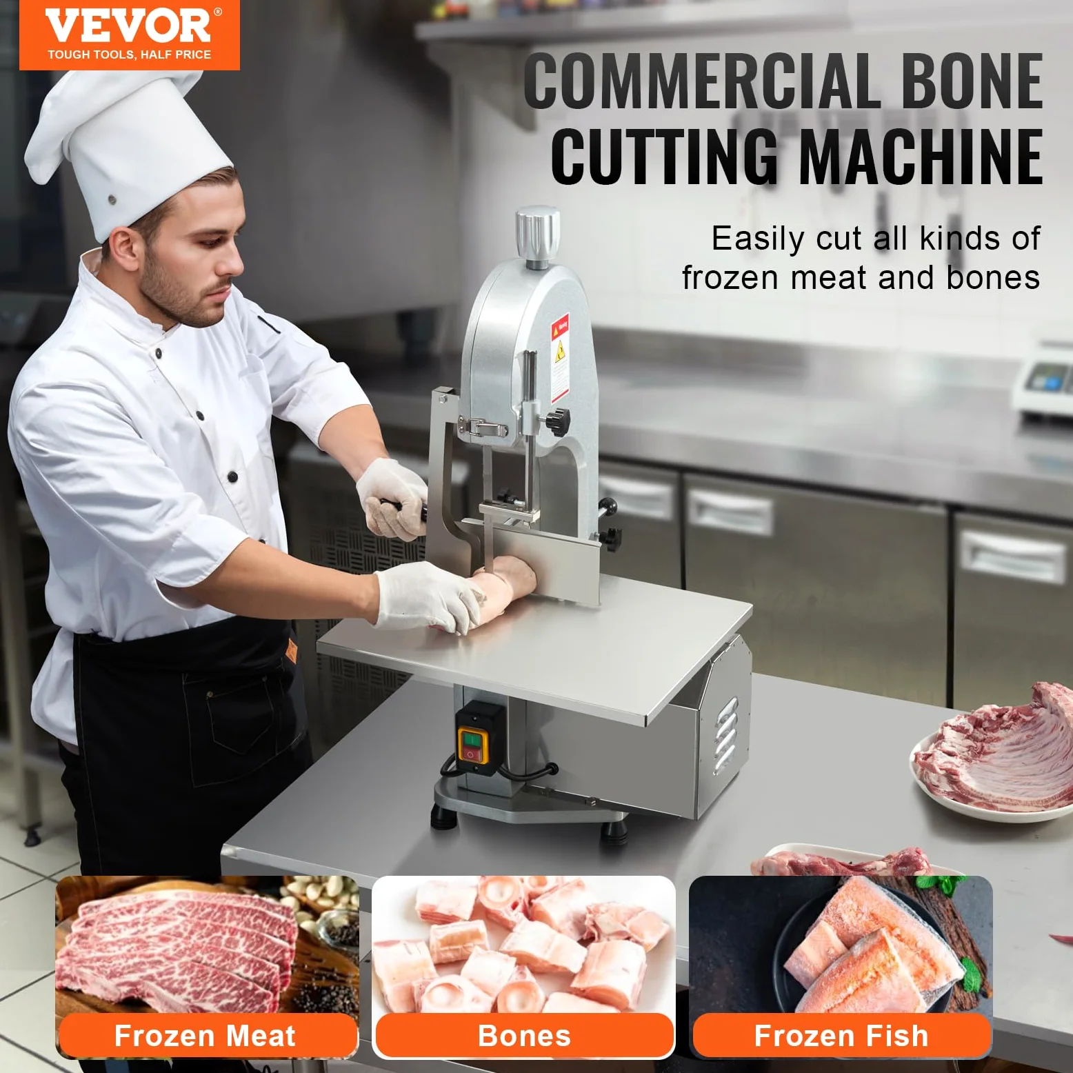 VEVOR kommerzielle elektrische Fleischbandsäge Knochenschneidemaschine, 1800 W Tisch-Knochensäge, 380 x 485 mm Werkbank, Gefrierfleischschneider mit 5 Klingen für Rippchen, Schweinefleisch