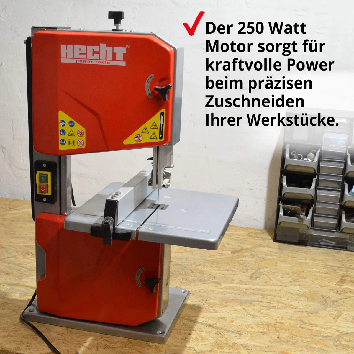 HECHT Bandsäge – 250 Watt Power für Hobby und Profi Arbeiten mit Holz und Metall – max. Schnitthöhe 85 mm, Schnittbreite 195 mm – 1400 mm Band – Führungsschiene/Parallelanschlag
