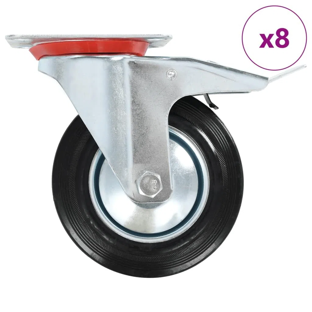 8 Stk. Lenkrollen 160 mm, 4 mit Bremse, geräuschlose Möbelrollen aus Gummi, stoß- und vibrationsbeständig, kratzschonend, zinkbeschichteter Eisenrahmen rostfrei, je 150 kg