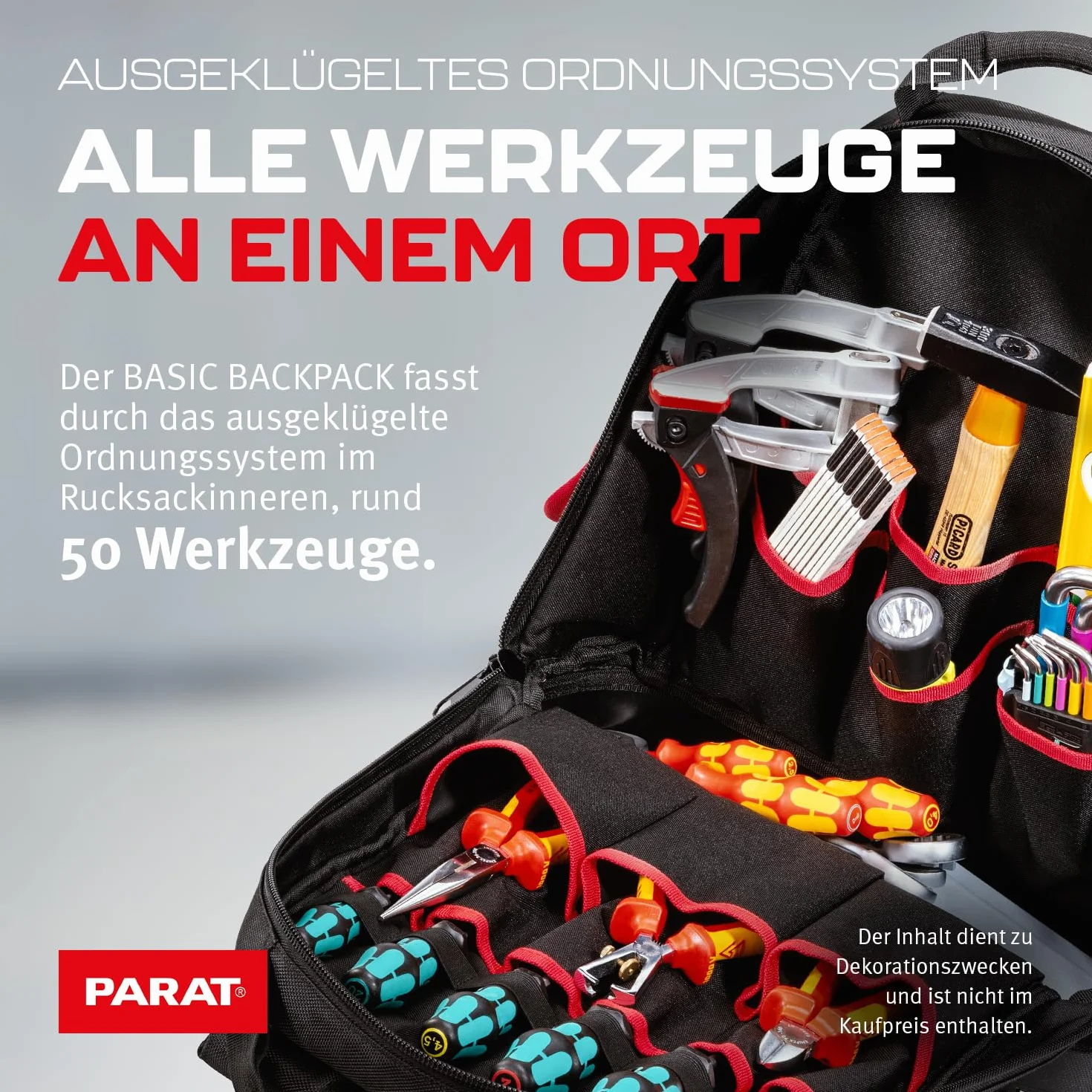 PARAT BASIC Backpack | Inkl. BASIC Roll-Up Case 8 | Werkzeugrucksack 23L für Elektriker | Robuster Nylon Rucksack | Werkzeugrucksack mit 15 Fächern & 6 Gummischlaufen | Elektriker Rucksack