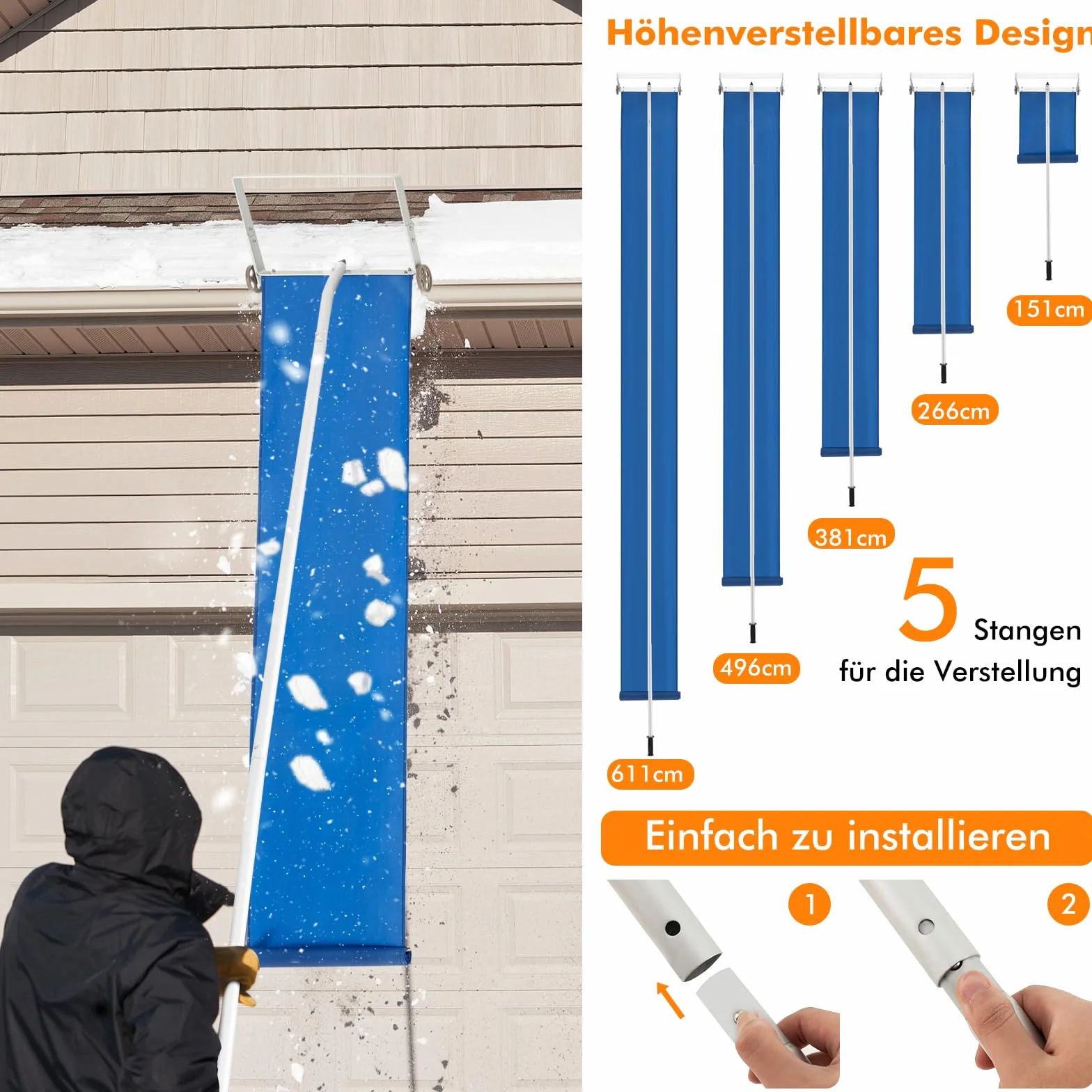 COSTWAY Schneeräumer mit Rollen für Dach, Dachschneeräumer mit Teleskopstiel, rutschfestem Griff, Dachräumer, Schneeschaufel, Schneeschieber aus Aluminium, Einstellbereich 151-611 cm