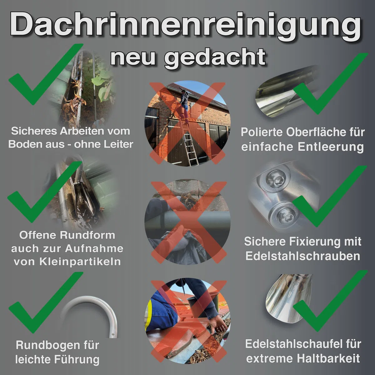 FenWi 10m Teleskop Dachrinnenreiniger Set mit Alu Teleskopstange | Edelstahl-Dachrinnenschaufel und Bürste zur Regenrinnen-Reinigung in sehr großen Höhen vom Boden aus ohne Leiter