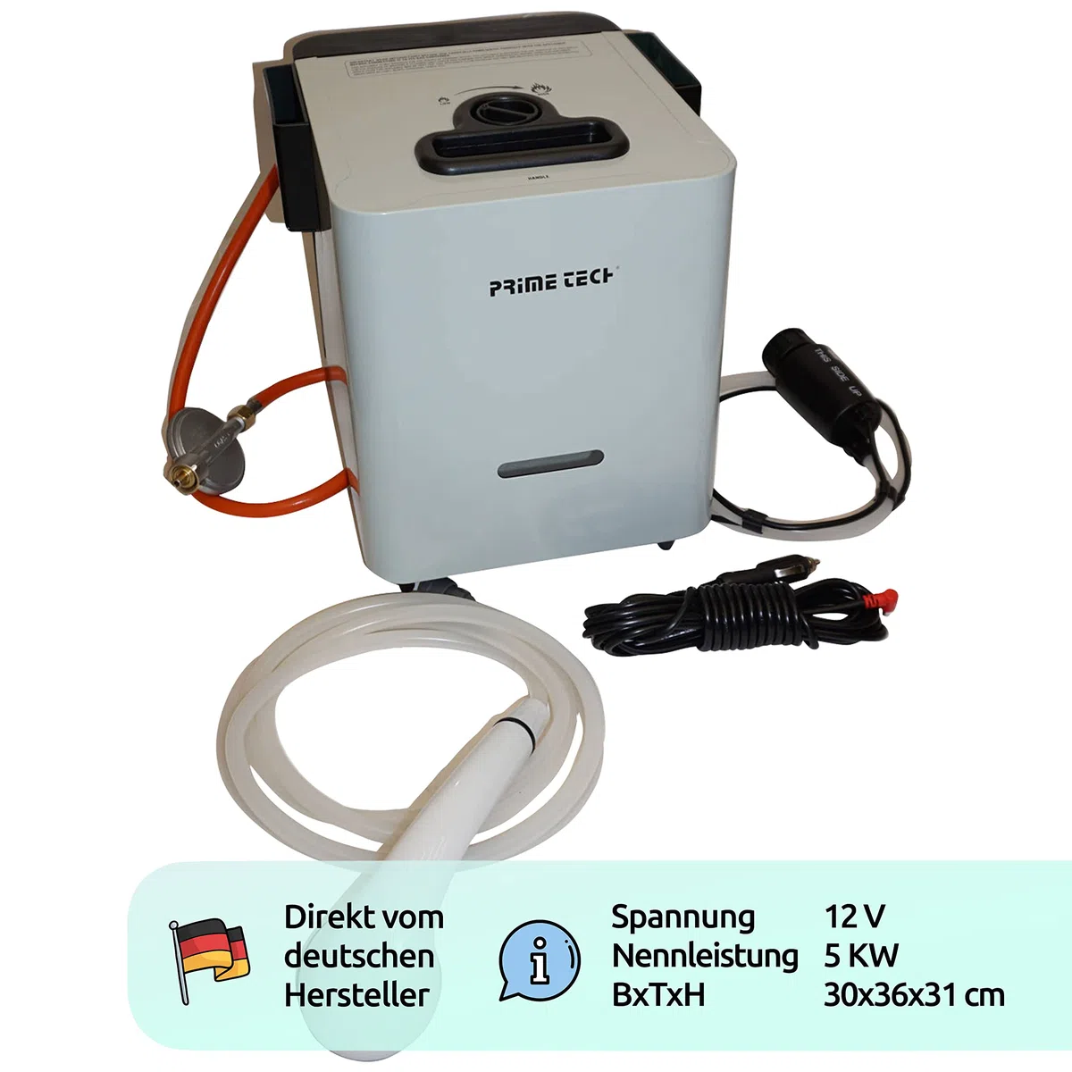 Prime Tech | Mobiler Gas-Durchlauferhitzer 12V 5kW | Warmwasserbereiter mit Duschbrause & Zubehör | Warmduscher für Camping, Outdoor & Vanlife | Gasbetriebener Wasserboiler mit Tasche