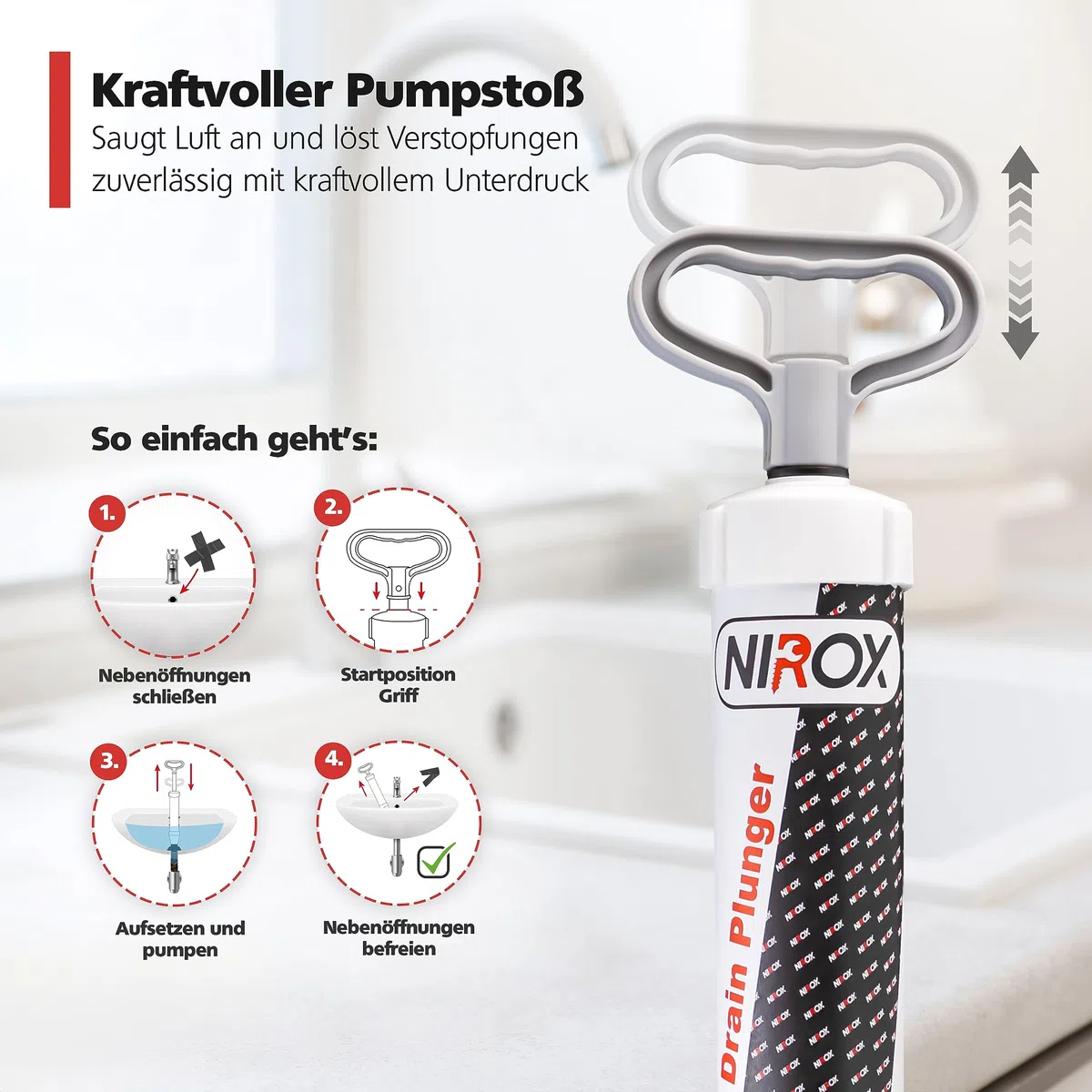 Nirox Saugglocke - Ausgussreiniger mit Hochdruck - Vakuum Pümpel mit starker Saugleistung - pflegeleichter Pömpel - Abflussstampfer mit kraftvoller Druckluft