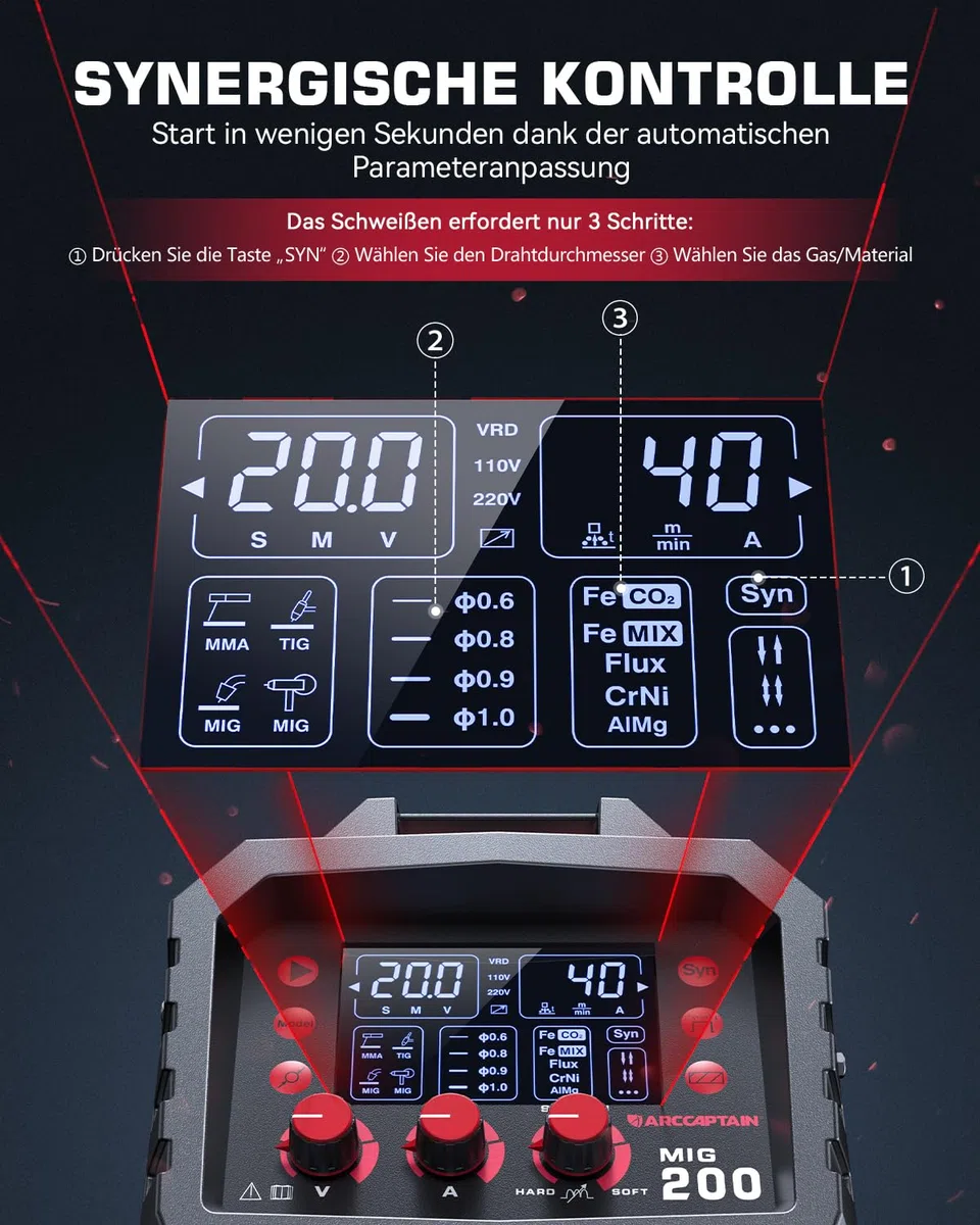 ARCCAPTAIN MIG MAG Schweißgerät 200 Ampere, 7 in 1 vollsynergisches Schweißgerät FLUX Fülldraht/MAG/MIG Schutzgas Schweißgerät/MMA/Lift TIG/Unterstützung Spool Gun/Punktschweißen, IGBT Inverter230V