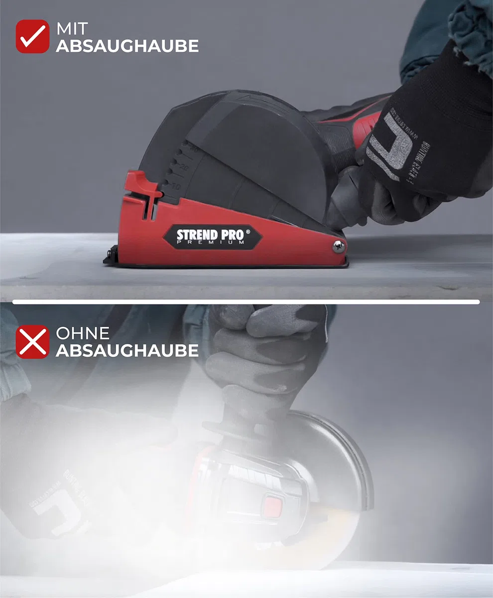 STREND PRO Absaughaube 125 mm Universal Fit Flex Absaugung für Winkelschleifer 125 mm mit 3 Adaptern 39/45/50 mm und 1 Unterlegscheibe
