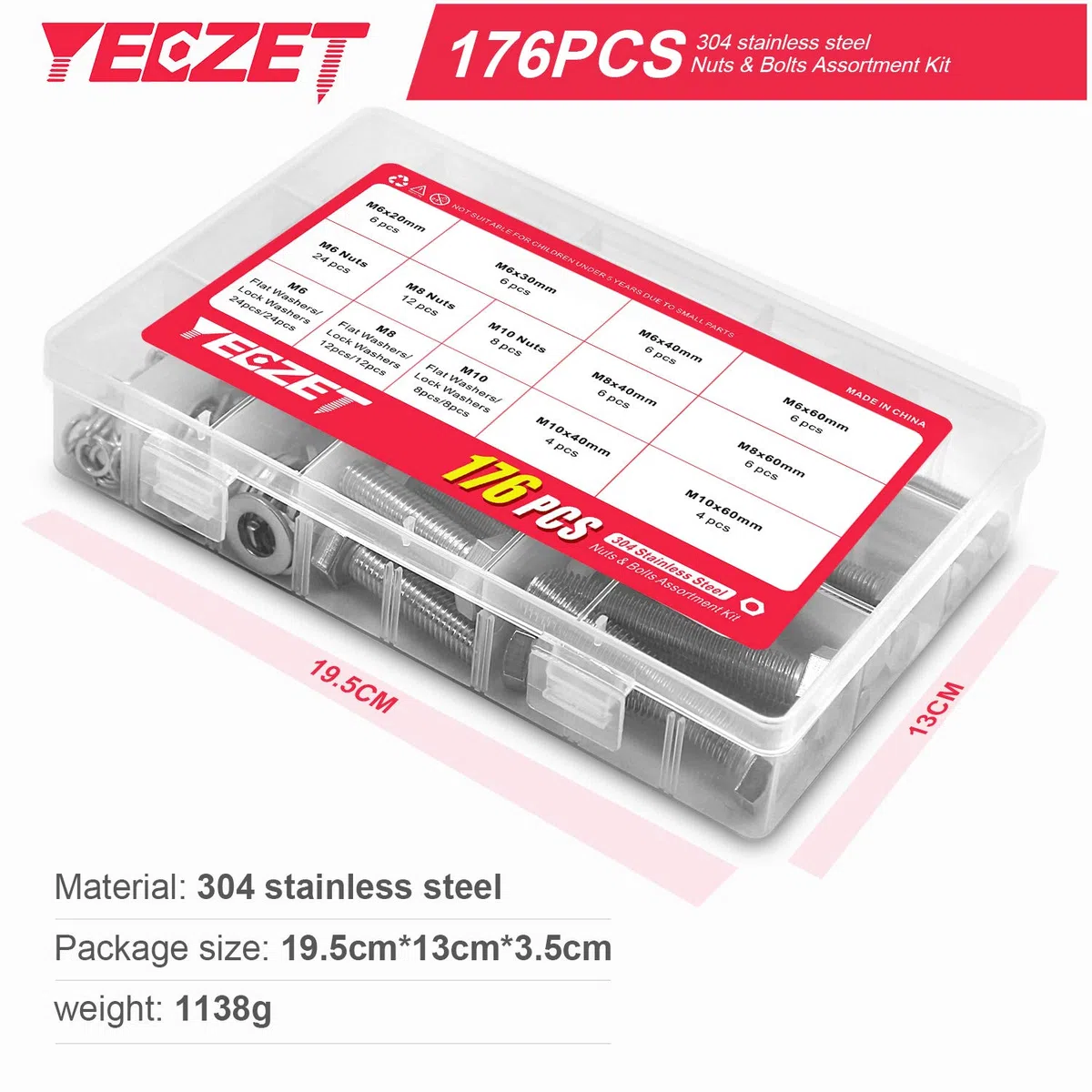 176 pcs M6 M8 M10 Schrauben und Muttern Sortiment aus 304 Edelstahl Sechskantschrauben Unterlegscheiben Federringe & Muttern Sortiment Kit