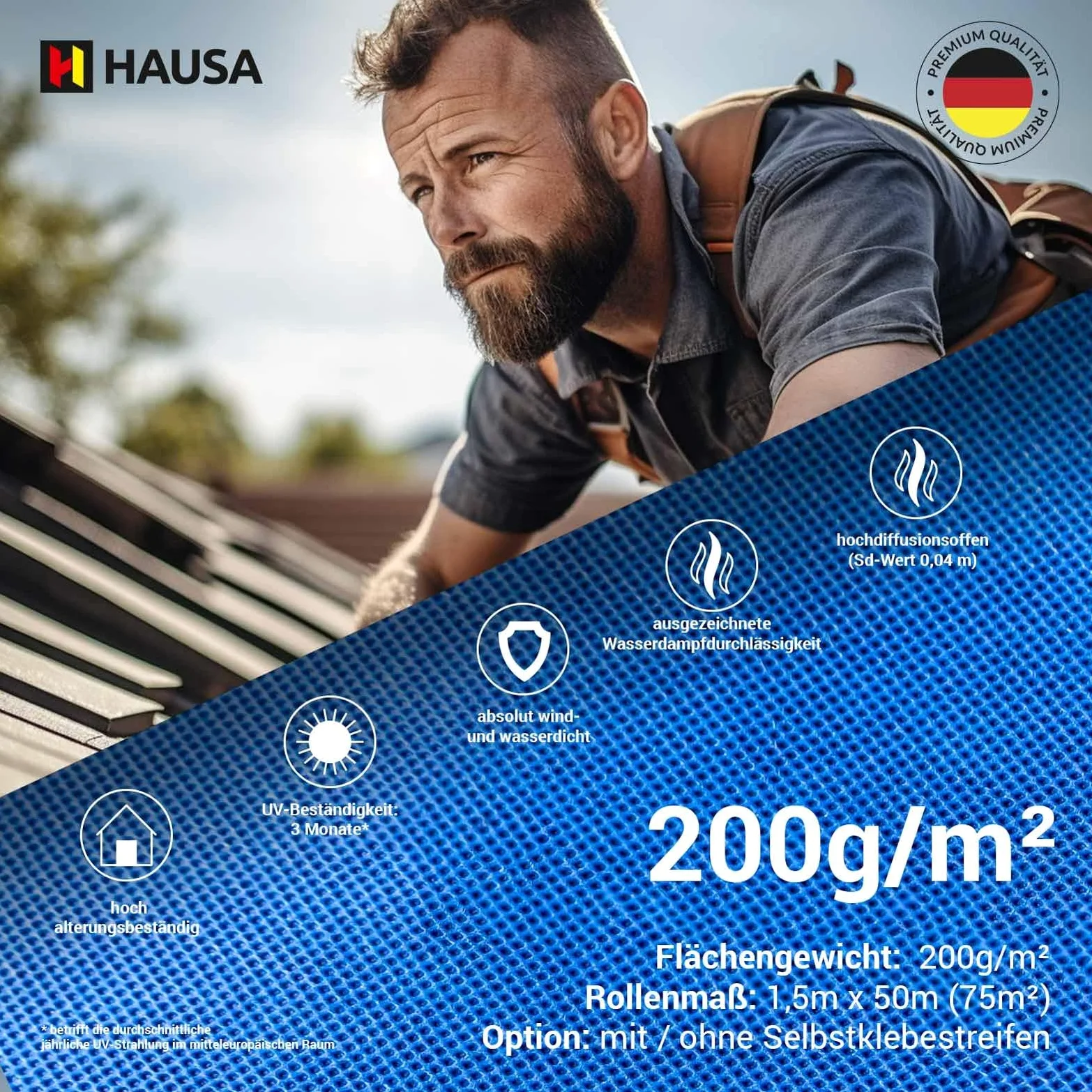 HAUSA Unterspannbahn Dach Titanium HU200SK 200g/m² 37,5m² (1,5mx25m) Dachfolie mit klebestreifen hochdiffusionsoffene wasserdichte Unterdeckbahn witterungs- alterungsbeständig reißfest Schalungsbahn