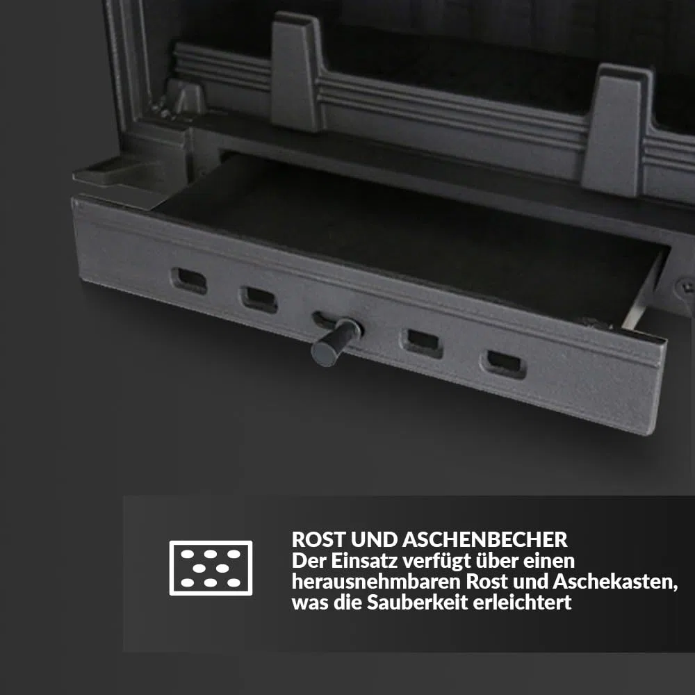 KRATKI Einfacher holzbefeuerter Kamineinsatz Lufteinlass BImSchV 2-konform 11 kW Thermischer Wirkungsgrad 75% Abgasauslass fi 200 mm dekorative Glasscheibe aus Gusseisen RightPlus Zubehör