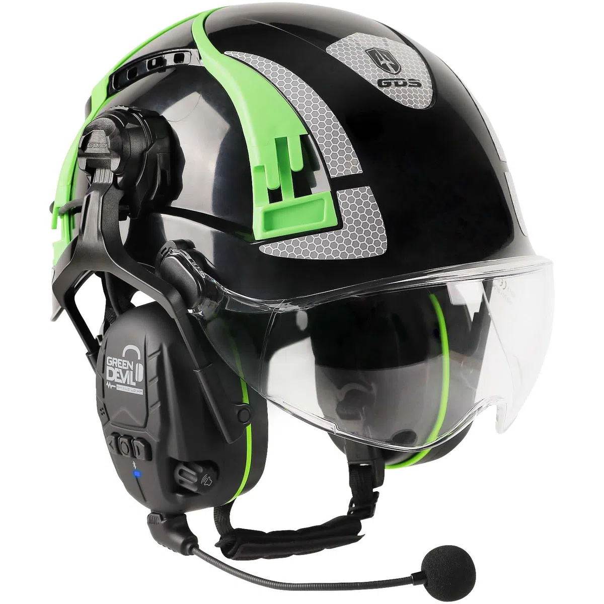 GREEN DEVIL X-Armor Schutzhelm mit Aktivem Gehörschutz und Klarem Visier Arbeitshelm ABS Sicherheitshelm EN 397 Industriehelm EN352-konforme SNR 32dB mit Bluetooth
