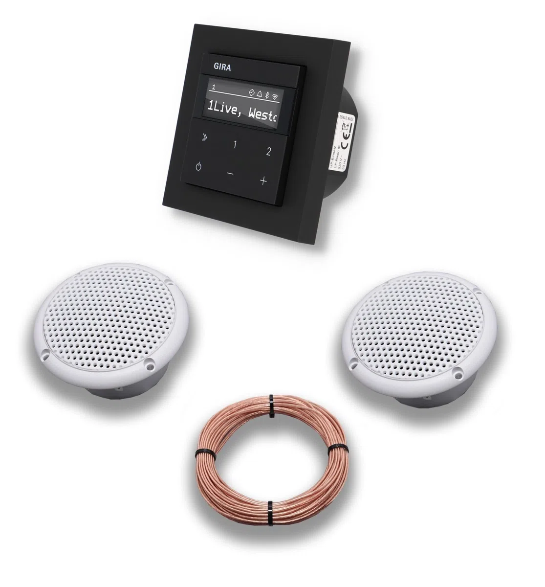 Gira Unterputz IP Internetradio 232003 + Bluetooth Komplett-SET, E2 schwarz matt + 2 x Deckenlautsprecher Einbaulautsprecher (Feuchtraum/Badezimmer) + 20 Meter Lautsprecherkabel 2x0,75 mm
