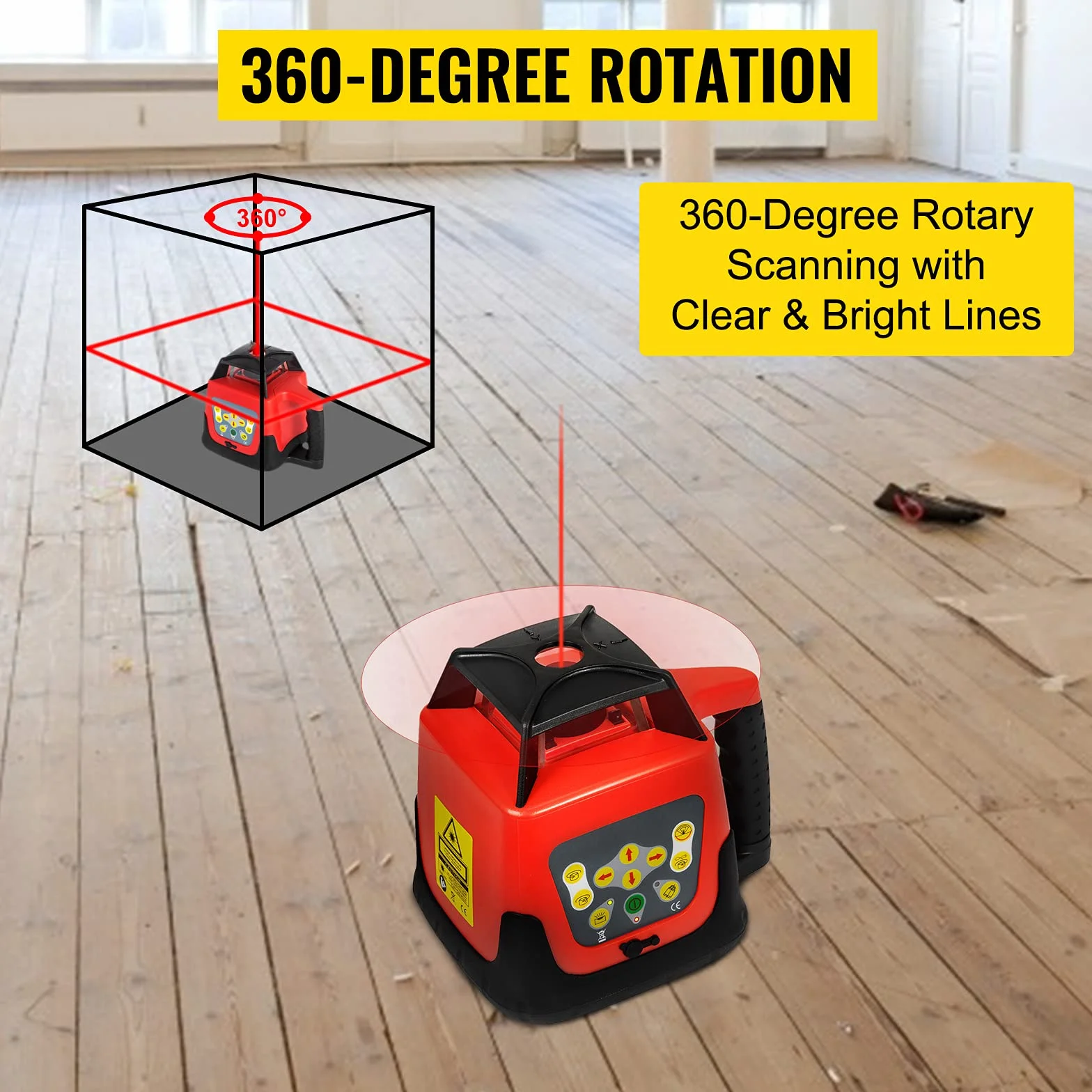 VEVOR Professional Rotationslaser max. Arbeitsbereich 500 m rot, Linienlaser 360 Grad Laser höhenmesser Wasser- und staubdicht Außenbereich Arbeitszeit 20 Stunden mit Stativ & Herrscher Elektrik