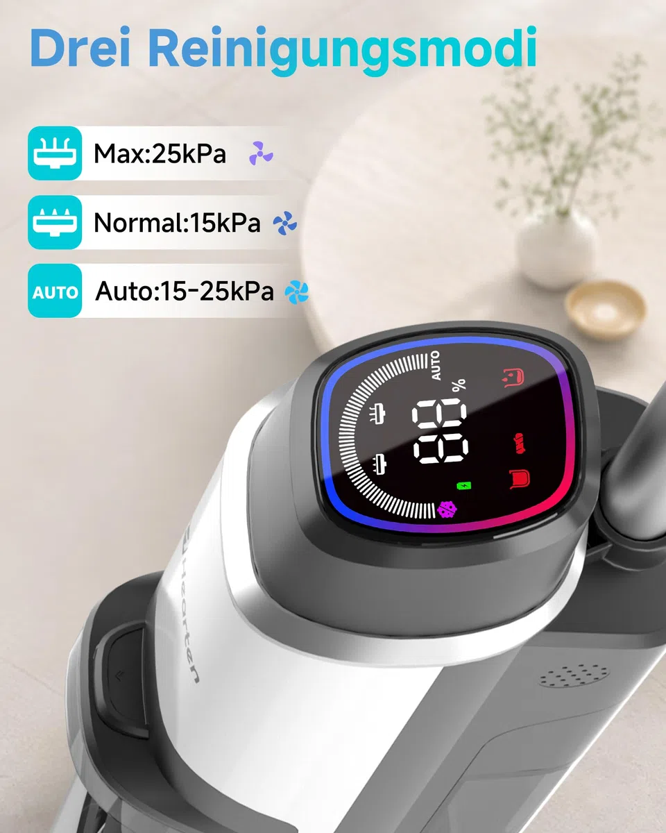 Hearten Nass Trockensauger, 25 kPa, mit Wasserelektrolyseur zur Desinfektion, Selbstreinigung, Sprachansage, Randreinigung, LED-Display, Bürstenloser Motor, Geräuscharm, Haushalte