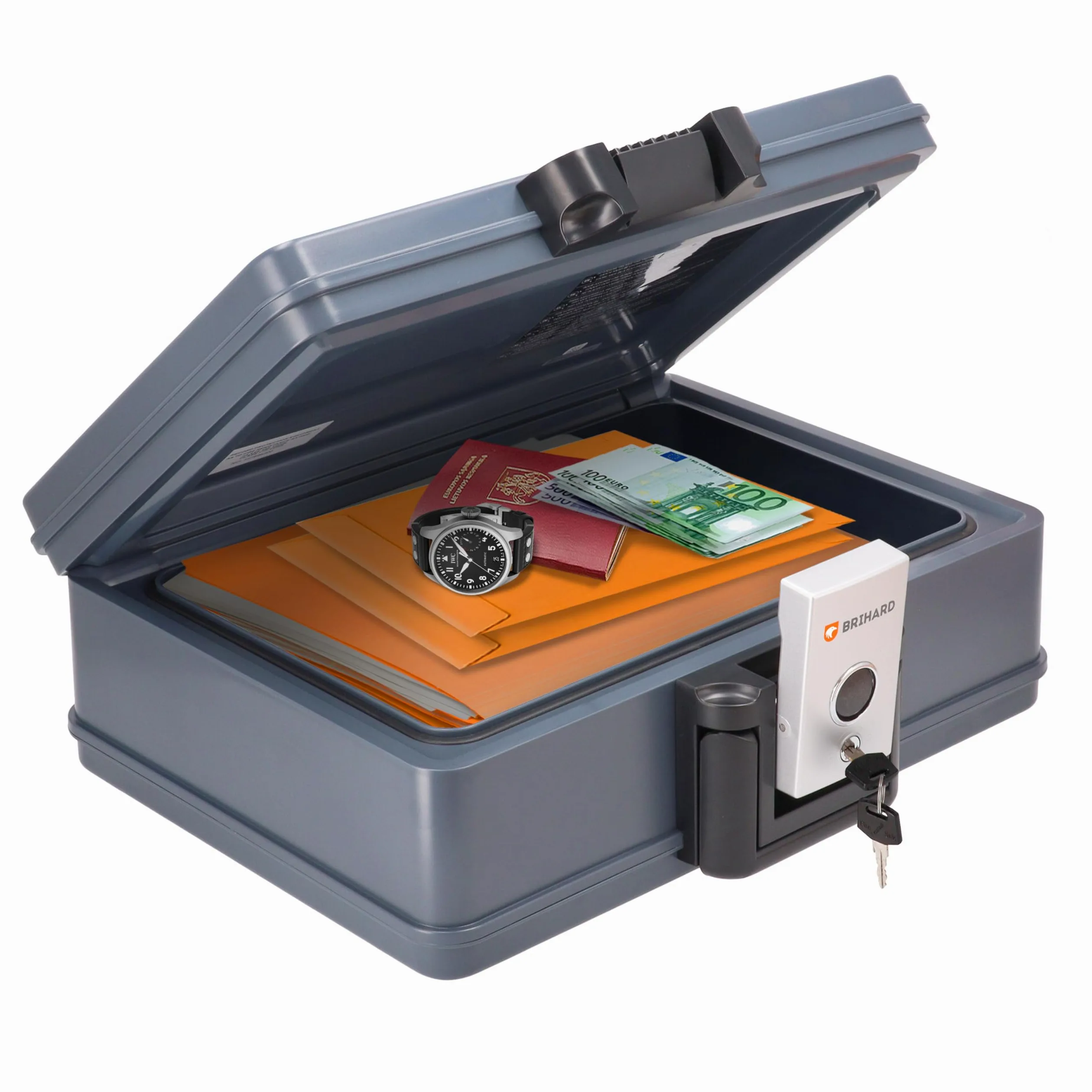 Zertifizierte Feuerfeste Dokumentenbox 2017 A4, Safe Tresor Feuerfest Wasserdicht mit Schlüssel, Feuerfeste Box für Geld & Dokumente, Tragbarer Safe Box mit Griff H 15,5 x B 40,7 x T 32,1 cm