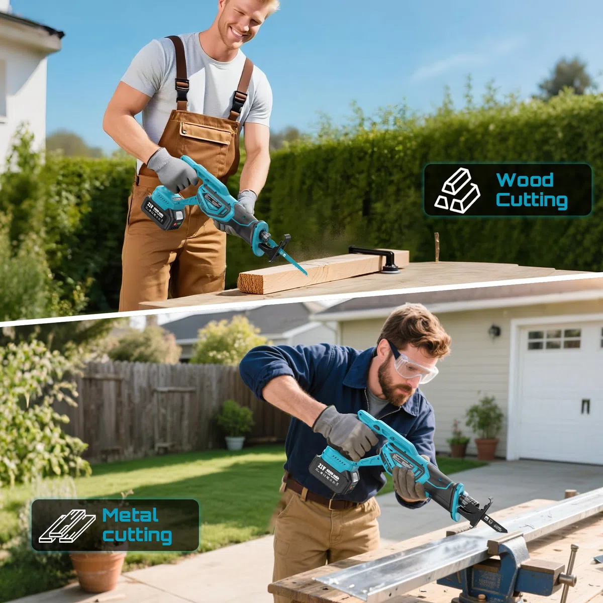 SEESII Akku Säbelsäge 21V, 3500 RPM Bürstenlosem Motor | 2x 4,0Ah Akkus & 8 Sägeblätter | Für Holz, Metall, PVC | Säbelsäge für Baustelle & Garten