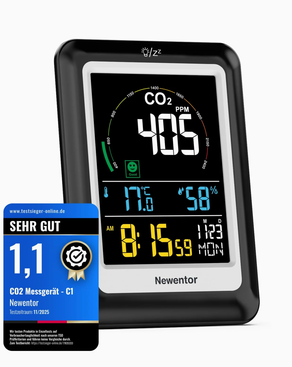 Newentor CO2 Messgerät, NDIR, 4 CO2-Konzentrationsstufen mit Alarm, Batteriebetrieb & USB-Anschluss, Schwarz