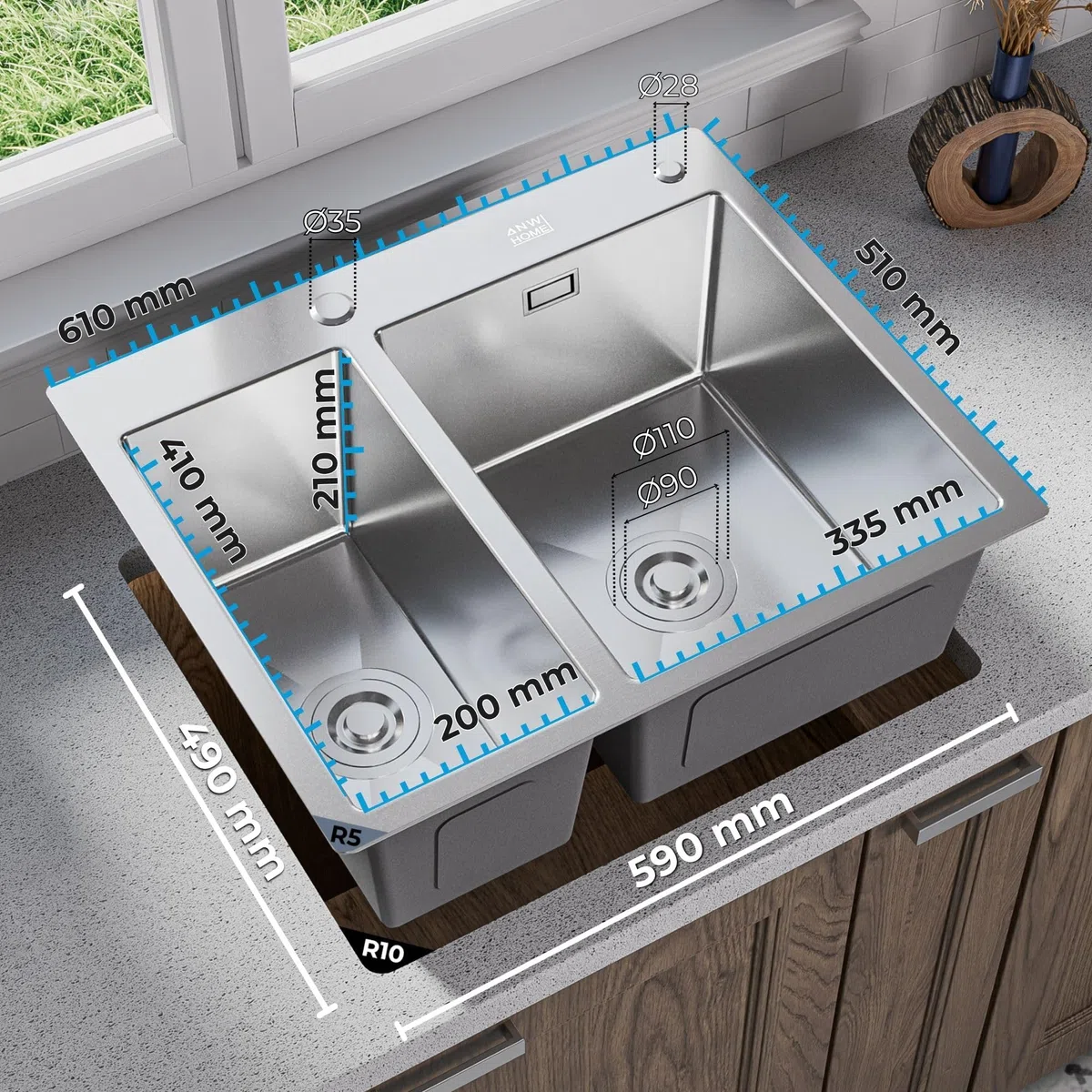 ANW HOME Spülbecken Küche 2 Becken 61x51 cm, Edelstahl 304 | Einbau, Nano-Beschichtung, Stärke 3,0+1 mm, Mit Siphon, Seifenspender, Korb