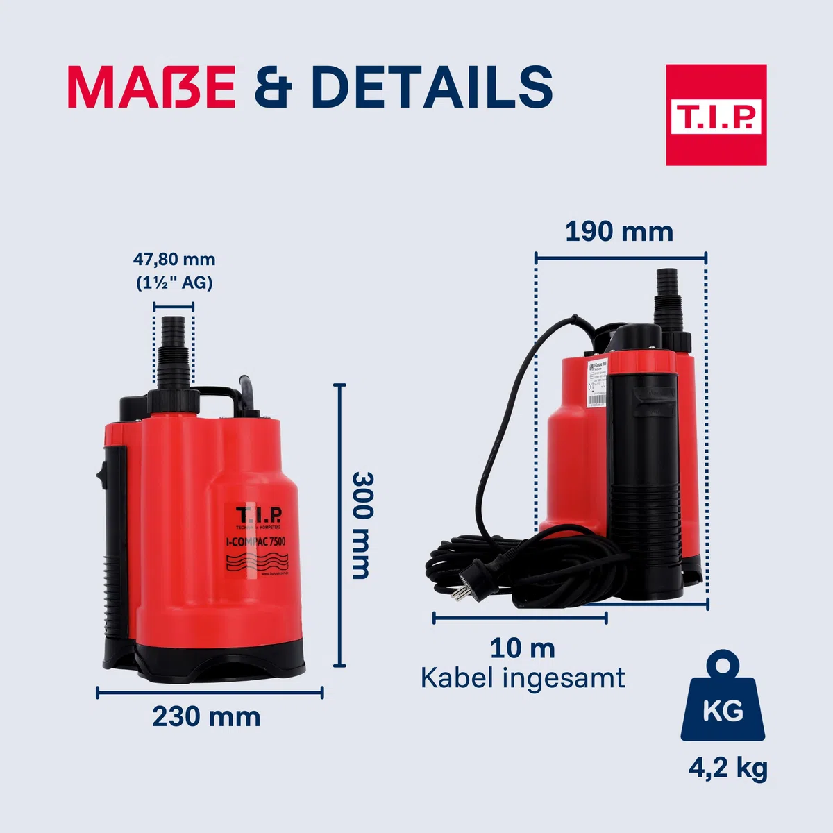T.I.P. I-Compac 7500 Schmutzwasser Drainage-Tauchpumpe (bis 7.500 l/h Fördermenge, Förderhöhe max. / Druck max. 5 m / 0,5 bar, 400 Watt, für enge Schächte ab 22x22 cm, vertikaler Pumpenausgang) 30190