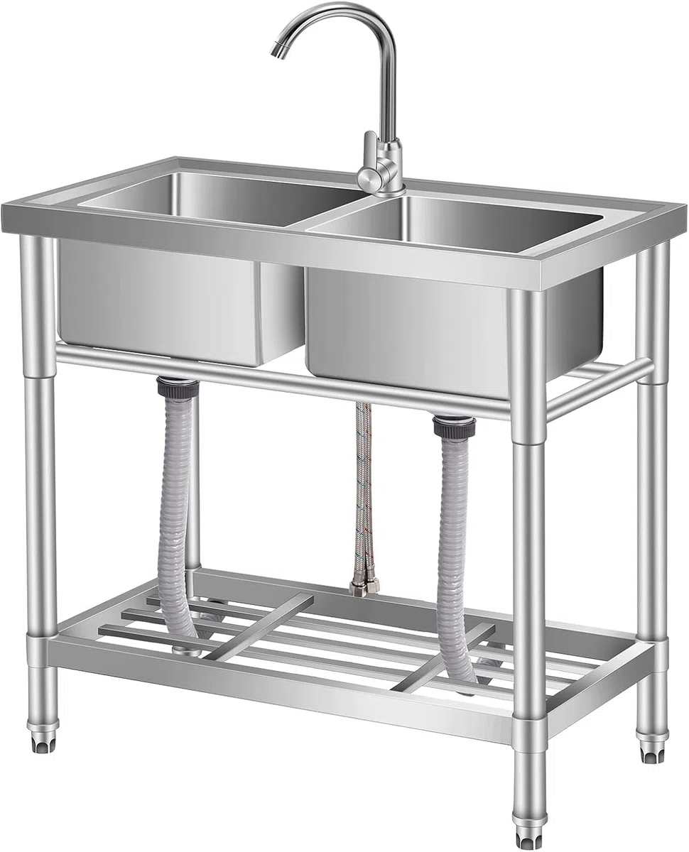 Edelstahl Spültisch 84x46 x76CM, Freistehende Küchenspüle Gewerbliche Spülbecken Mit 2 Becken Wasserhahn Kalt Und Warmwasserschläuchen, Für Waschküche Outdoorküche Gastro Küchen Spulbecken