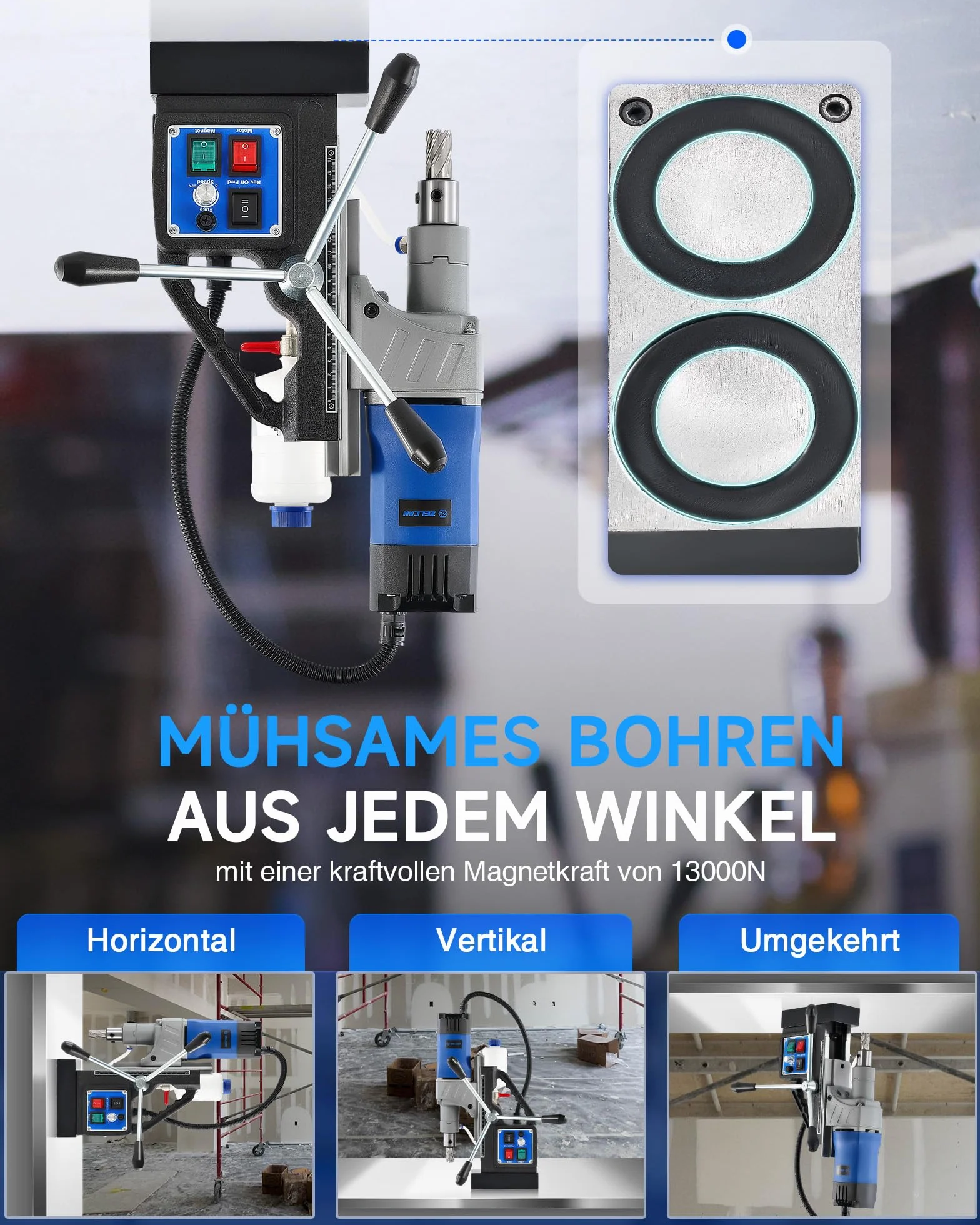ZELCAN Magnetbohrmaschine 1550W Standbohrmaschine 11 Bohrer 13000N Tischbohrmaschine 580RPM Variable Geschwindigkeit 50mm Max. Durchmesser für Heimwerk Industrie Eisenbahn Schiffsbau, Höhenverstellbar