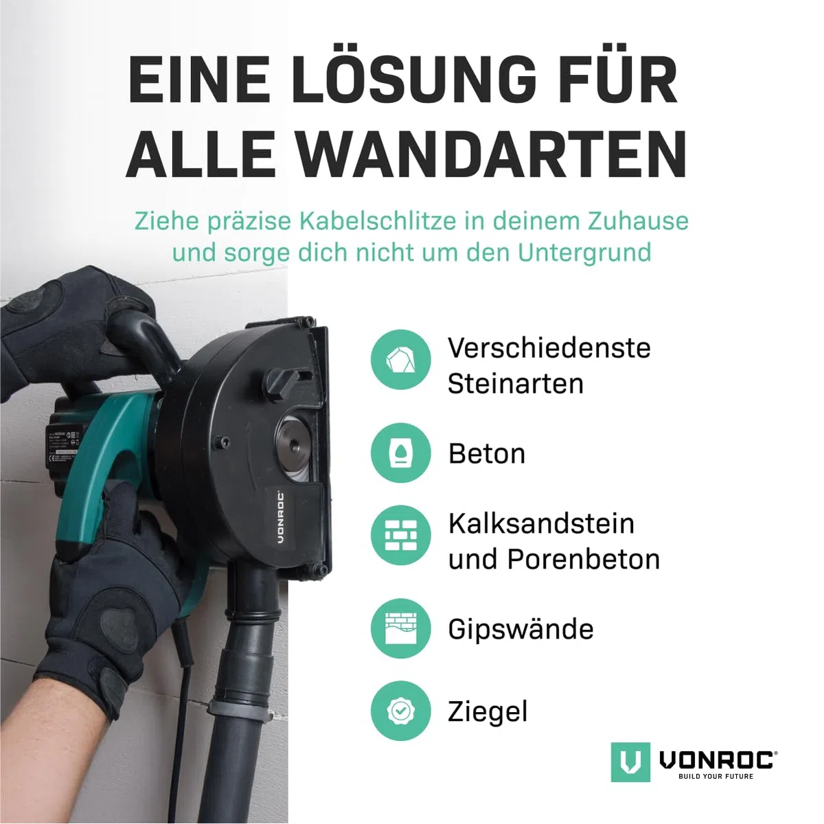 VONROC Mauernutfräse mit Absaugung [1700W] - Schlitzfräse Nutfräser für Kabelnut [14/19/29mm] - Schlitzmaschine 150mm mit Schnittiefe [4-40mm] inklusive 2 Diamantscheiben