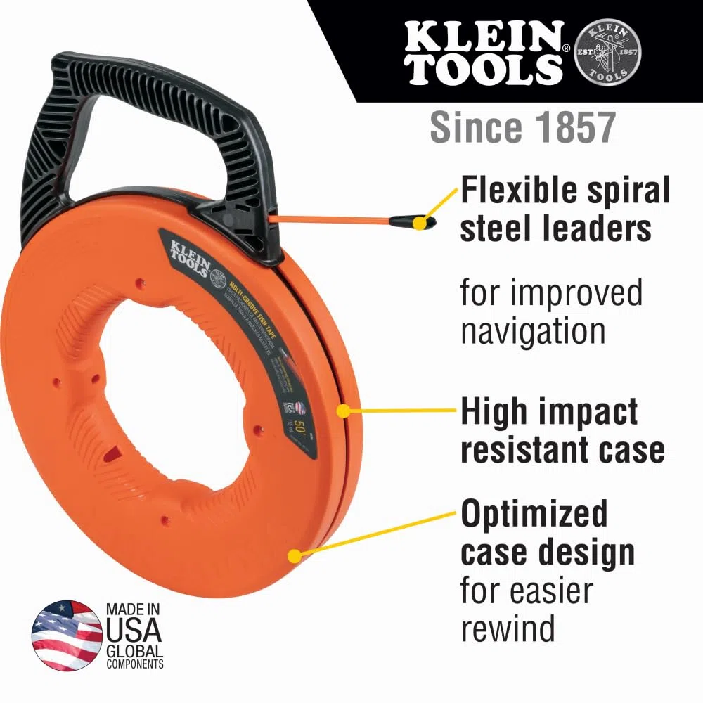 Klein Tools 56382 | Kabelziehband mit Mehrfachrillen aus Fiberglas 15 m | Fish Tape mit Nylonspitze für reibungsarmes Einziehen von Leitungen | Robustes Zugband für Leerrohre und Installationen
