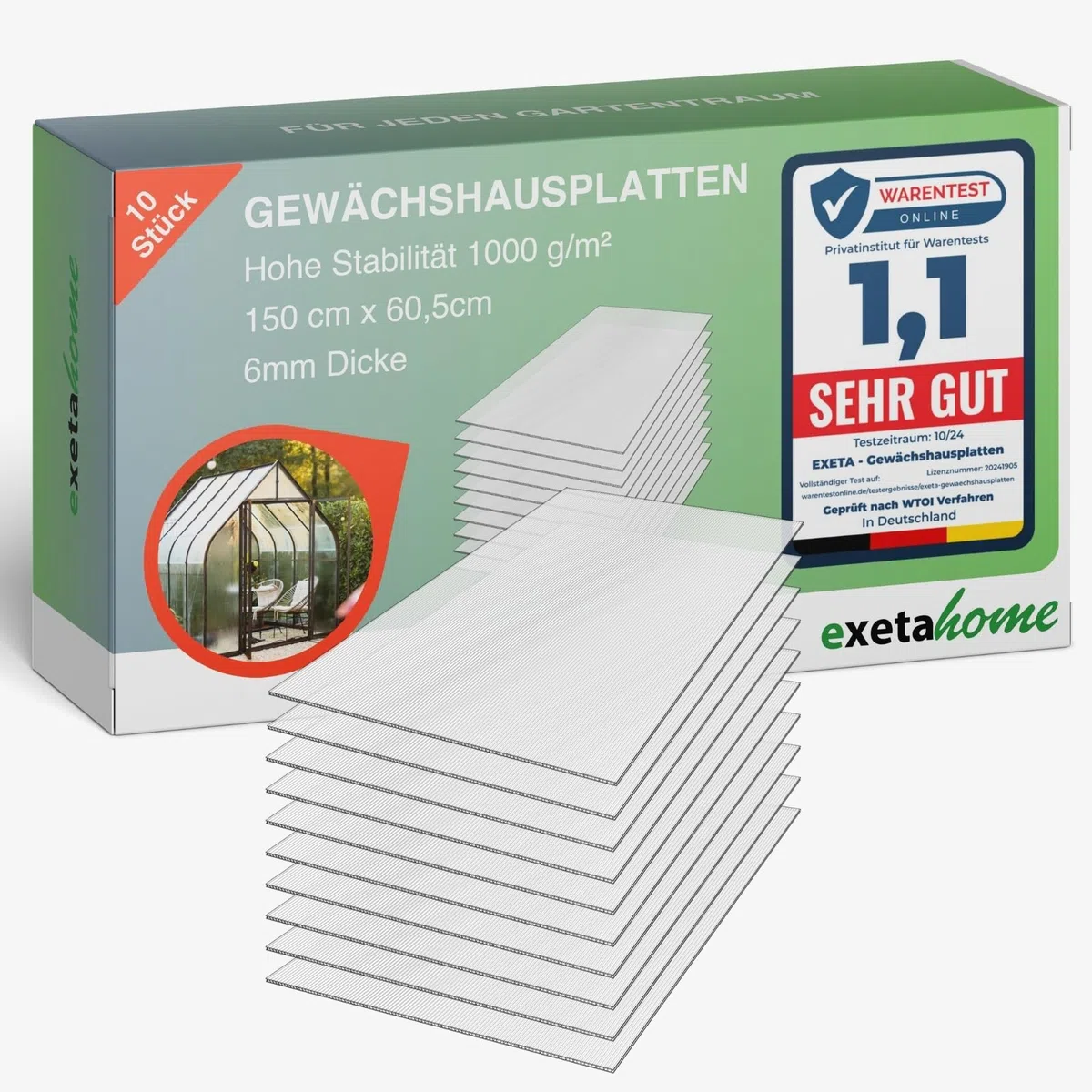 10x Gewächshausplatten 6mm I Polycarbonat Hohlkammerplatten für Gewächshäuser I PC Doppelstegplatten UV-beständig & bruchsicher I für Garten, Frühbeet uvm I 60,5cm x 150cm I Transparent