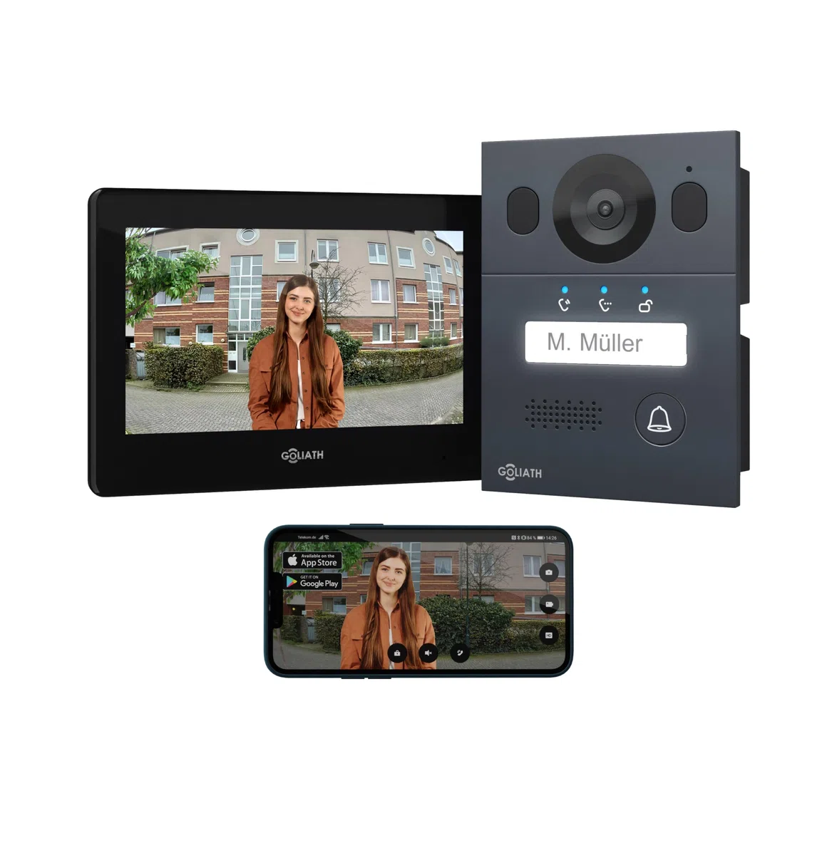 Goliath Basic Video Türsprechanlage, 2 Draht Bus, 7" Monitor, Unterputz Türklingel mit Kamera, Gegensprechanlage mit Türöffner und Klingel, 1 Familienhaus, Plug & Play, Smartphone App
