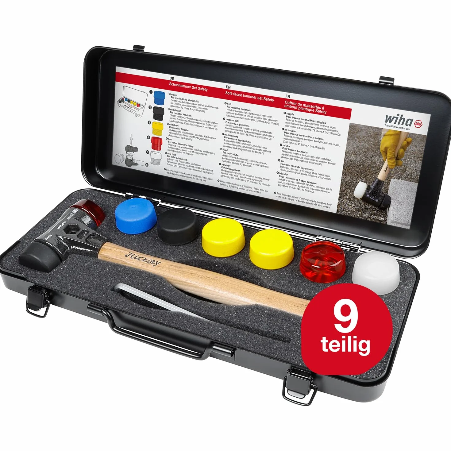 Wiha Schonhammer Set Safety I Hickory-Holzstiel I Rund-Schlagkopf Ø 40 mm I Gummihammer mit gemischten Schlagköpfen 9-teilig in Box (44008)