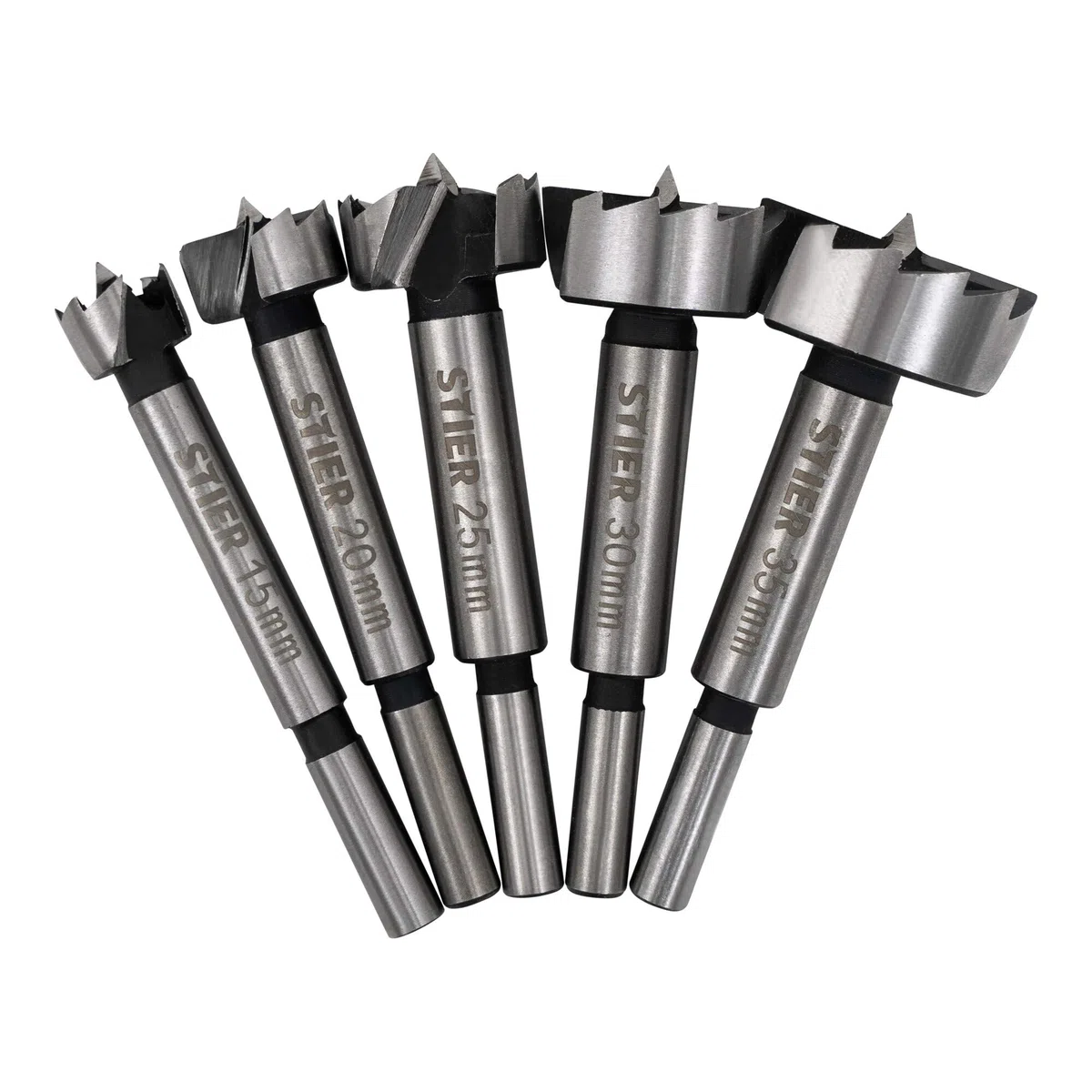 STIER hochwertiger Forstnerbohrer Set, 5-teilig in praktischer Kassette, Bohrergrößen: 15, 20, 25, 30, 35 mm mit 10 mm Schaft, geeignet für Hart- & Weichholz
