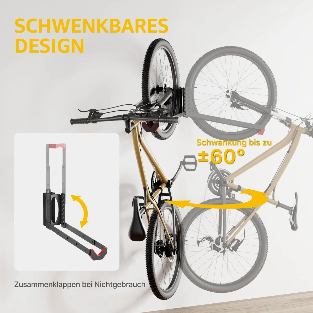monTEK Schwenkbare Fahrrad Wandhalterung, Fahrradhalterung Wand ohne schweres Heben, platzsparender Fahrradständer für die Garage, einfaches Einhängen und Aushängen, kann bis zu 35 kg halten