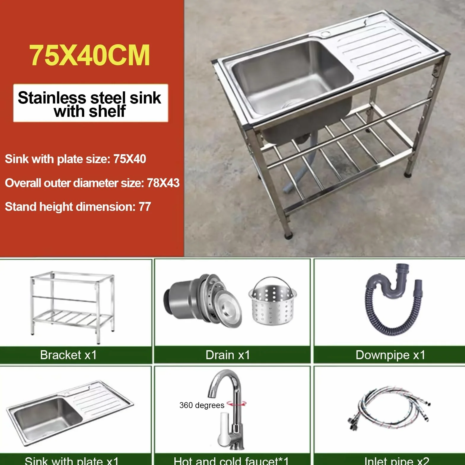 Freistehende tragbare Spüle mit Ständer und Wasserhahn,Easy To Clean，für Outdoor,Hinterhof, Küche,Restaurant,Garage,Garten,Bar. (Size : Single layer)