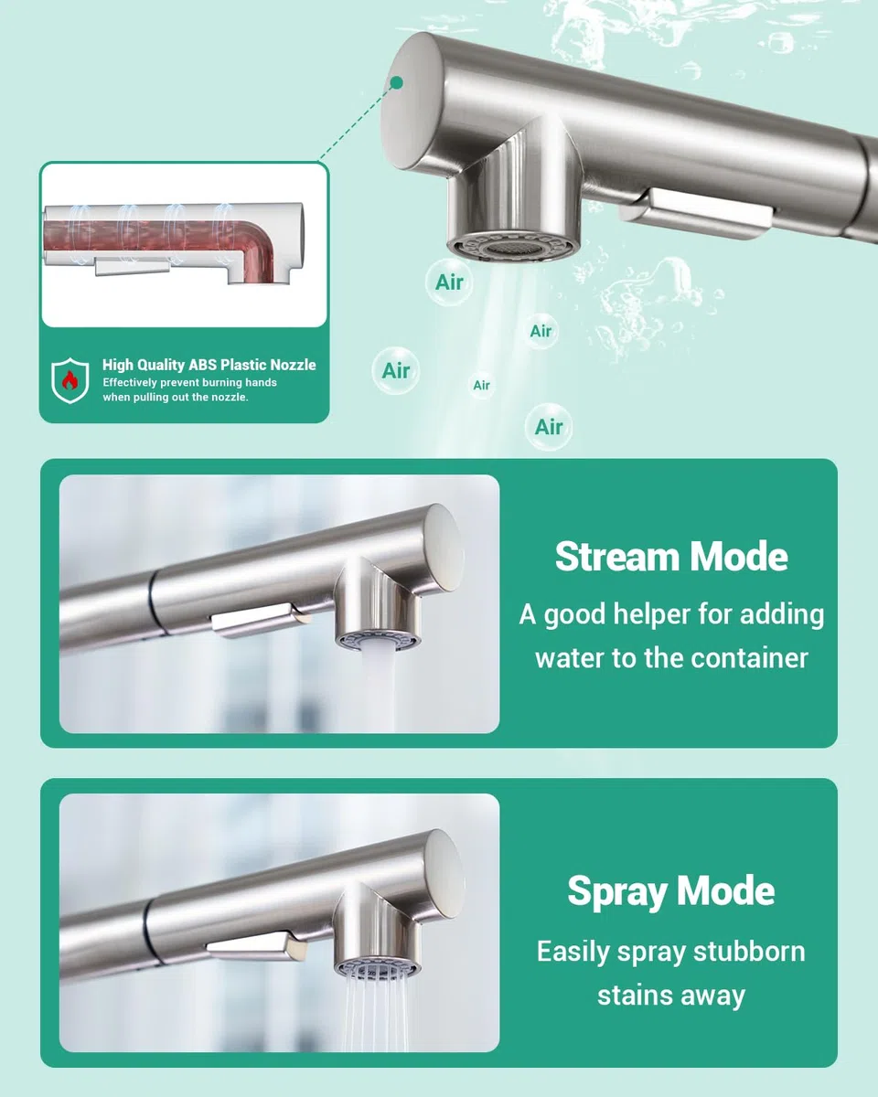 DAYONE Küchenarmatur mit Herausziehbarem Spray, SUS304 Edelstahl Hochdruck Wasserhahn Küche Ausziehbare Brause, Mischbatterie Küche mit 2 Funktionen, 360° schwenkbare Spültischarmatur Küche, Gebürstet