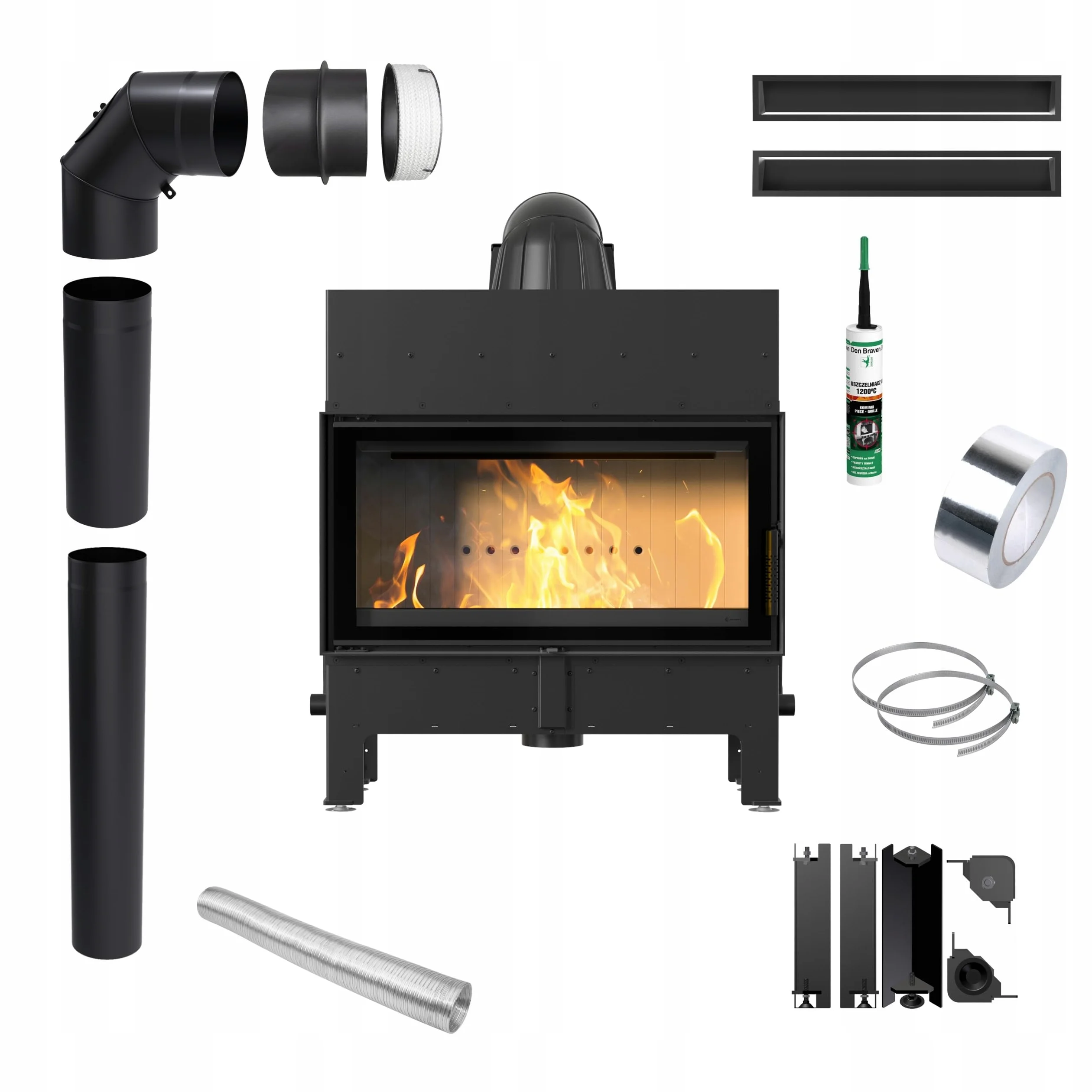 Kaminofen Holzkamin Stahl Floki Schwarz 10kW ∅200 BImSchV 2 Wirkungsgrad 83% Kamineinsätze Holz Leistungsbereich 4-13kW Traditioneller Kamineinsatz Komplettset mit Zubehör