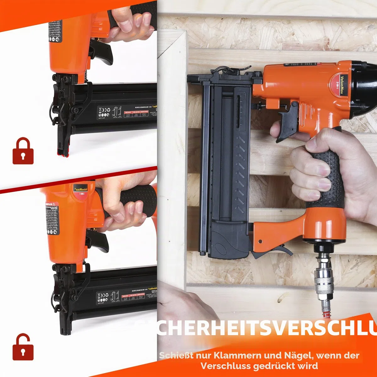 ValueMax 2 in 1 Druckluftnagler Profi Drucklufttacker inkl. 400 Klammern & Nägel, max 8,3 bar Druckluft Nagelpistole mit Sicherheitsnase für Werkstatt und Haus (Nägel bis 50mm, Klammern bis 40mm)