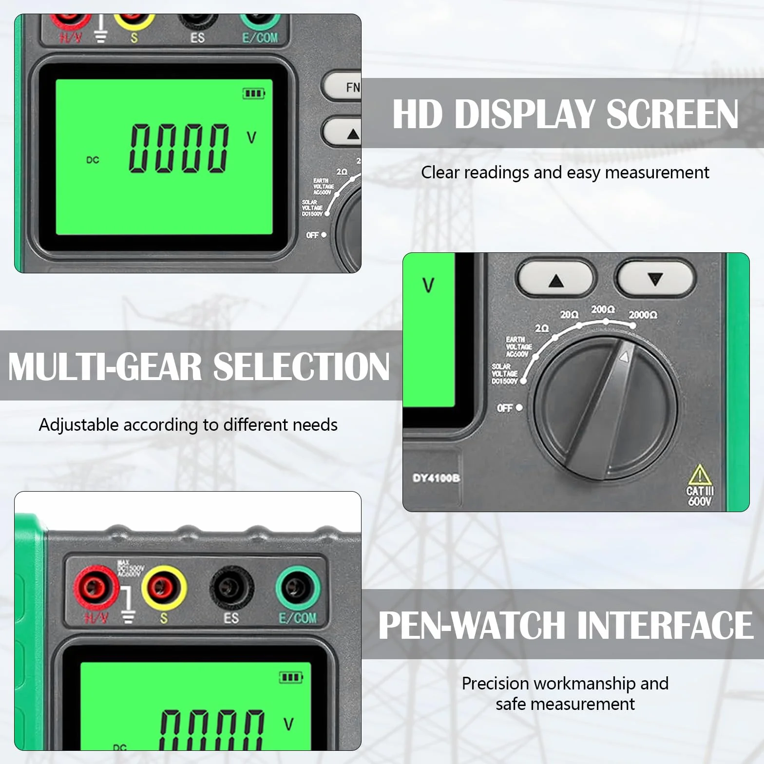 Isolationswiderstandstester, Erdungswiderstandsprüfer 0-2000Ω/ohm Isolationstester Erdspannung AC 0-600V PV Spannung DC 0-1500V Erdungsmessgerät Digital Megaohmmeter Resistance Tester