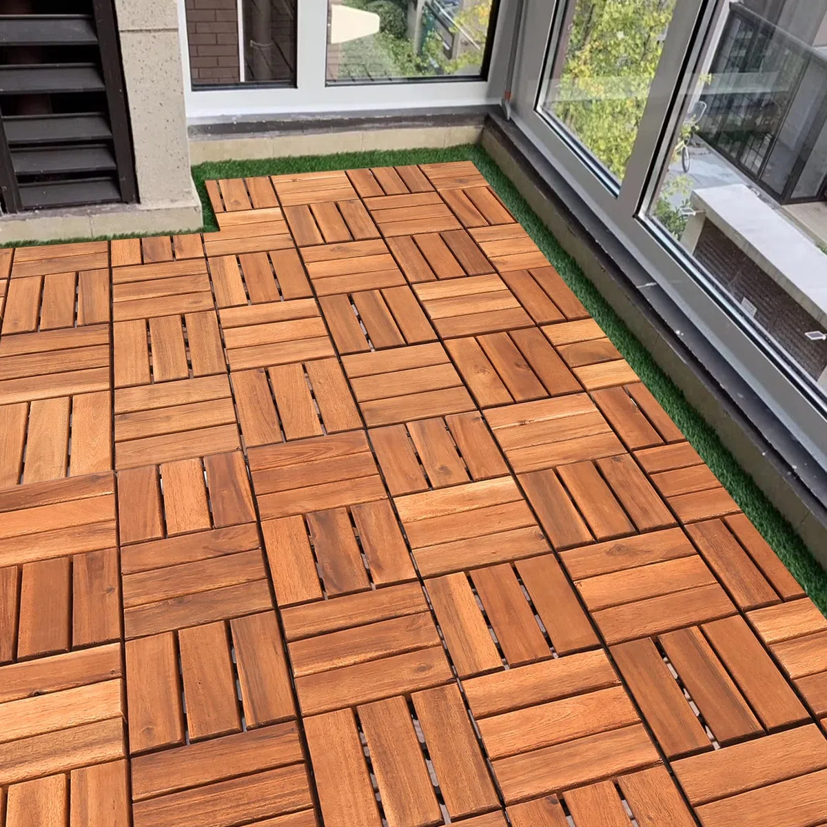 Herrselsam Holzfliesen Terrassenfliesen, 30x30 cm Holzfliesen aus Akazien Holz, 12 Latten Fliese 1m², Bodenfliesen geeignet als Terrassenfliesen und Balkonfliesen(11 Stück)