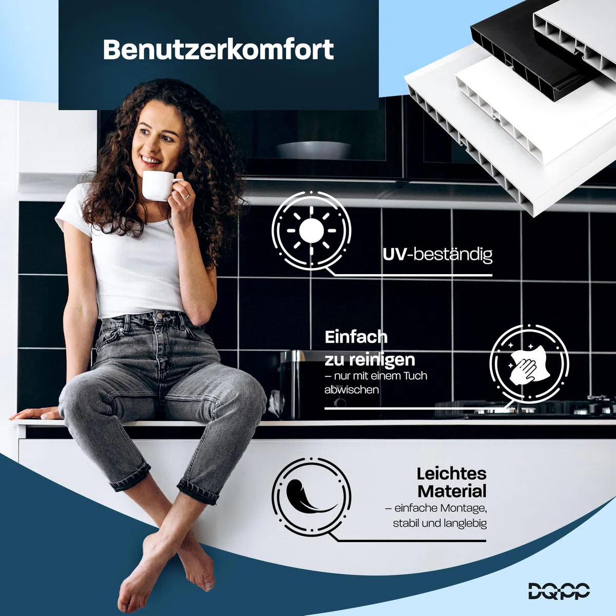 DQ-PP Sockelleiste 4,5m – Sockelblende – 150mm – Schwarz Hochglanz – Kunststoff – Sockel – Sockelprofil – Küchensockel – Kuechensockelleiste für Einbaukueche