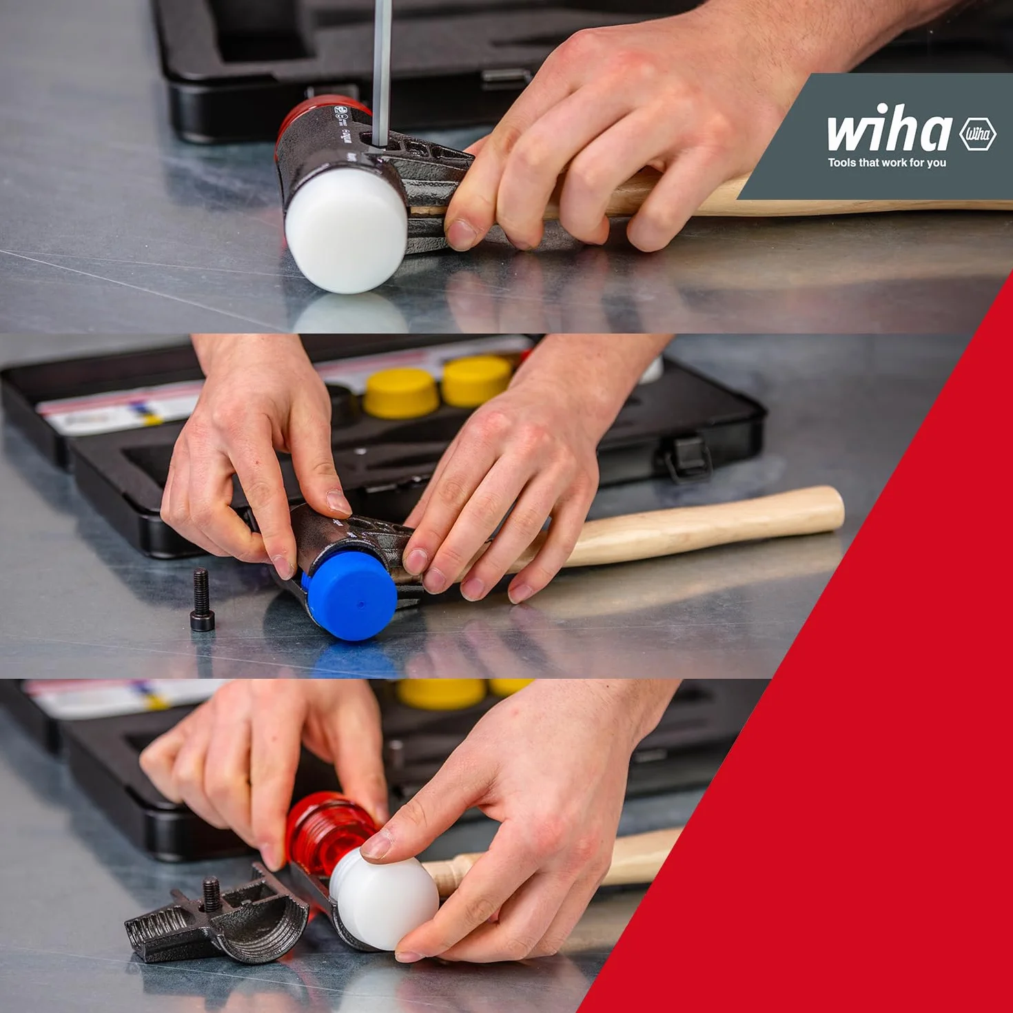 Wiha Schonhammer Set Safety I Hickory-Holzstiel I Rund-Schlagkopf Ø 40 mm I Gummihammer mit gemischten Schlagköpfen 9-teilig in Box (44008)