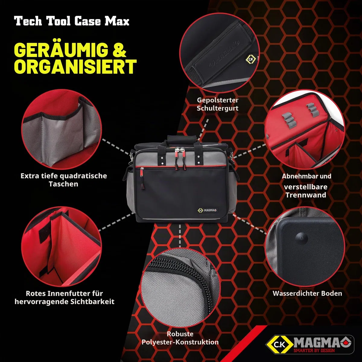 C.K Magma Werkzeugtasche Tech Tool Case Max, 50 Fächer, Laptopfach, extra breites Hauptfach, wasserdichter Gummiboden, robuste Werkzeug Aufbewahrung für Elektriker, Techniker und Handwerker, CK MA2639